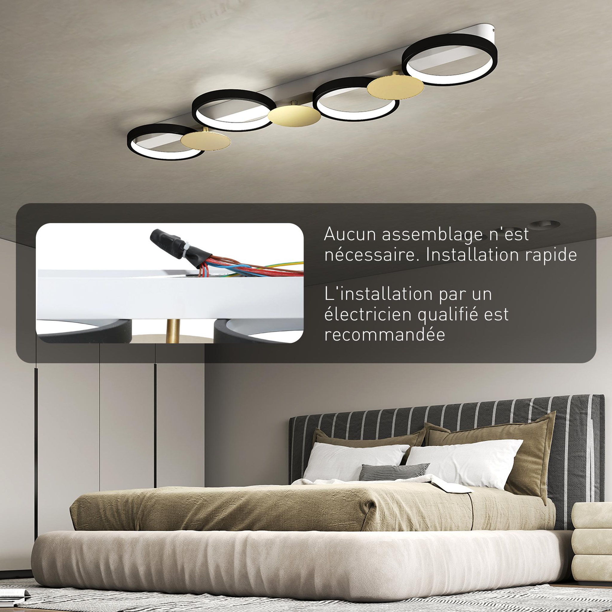 Voir la diapositive 5 : HOMCOM Plafonnier design anneaux led 38w réglable avec télécommande métal noir doré