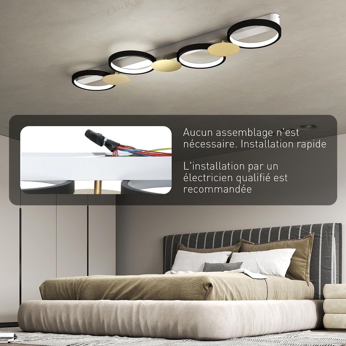 HOMCOM Plafonnier design anneaux LED 38W réglable avec télécommande métal noir doré