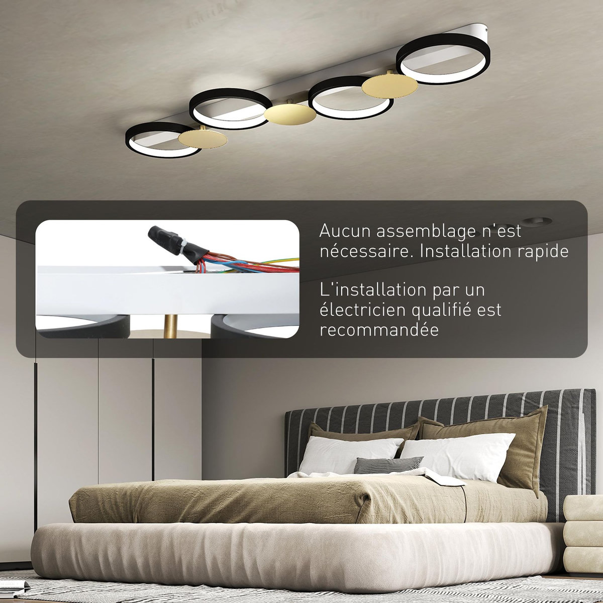 HOMCOM Plafonnier design anneaux LED 38W réglable avec télécommande métal noir doré