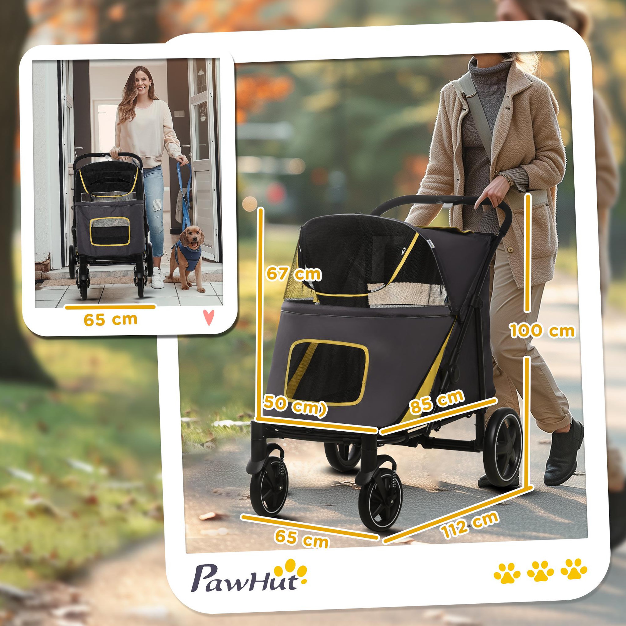 Voir la diapositive 3 : PAWHUT Poussette pour chien pliable 4 roues 2 portes rangements attache noir gris jaune