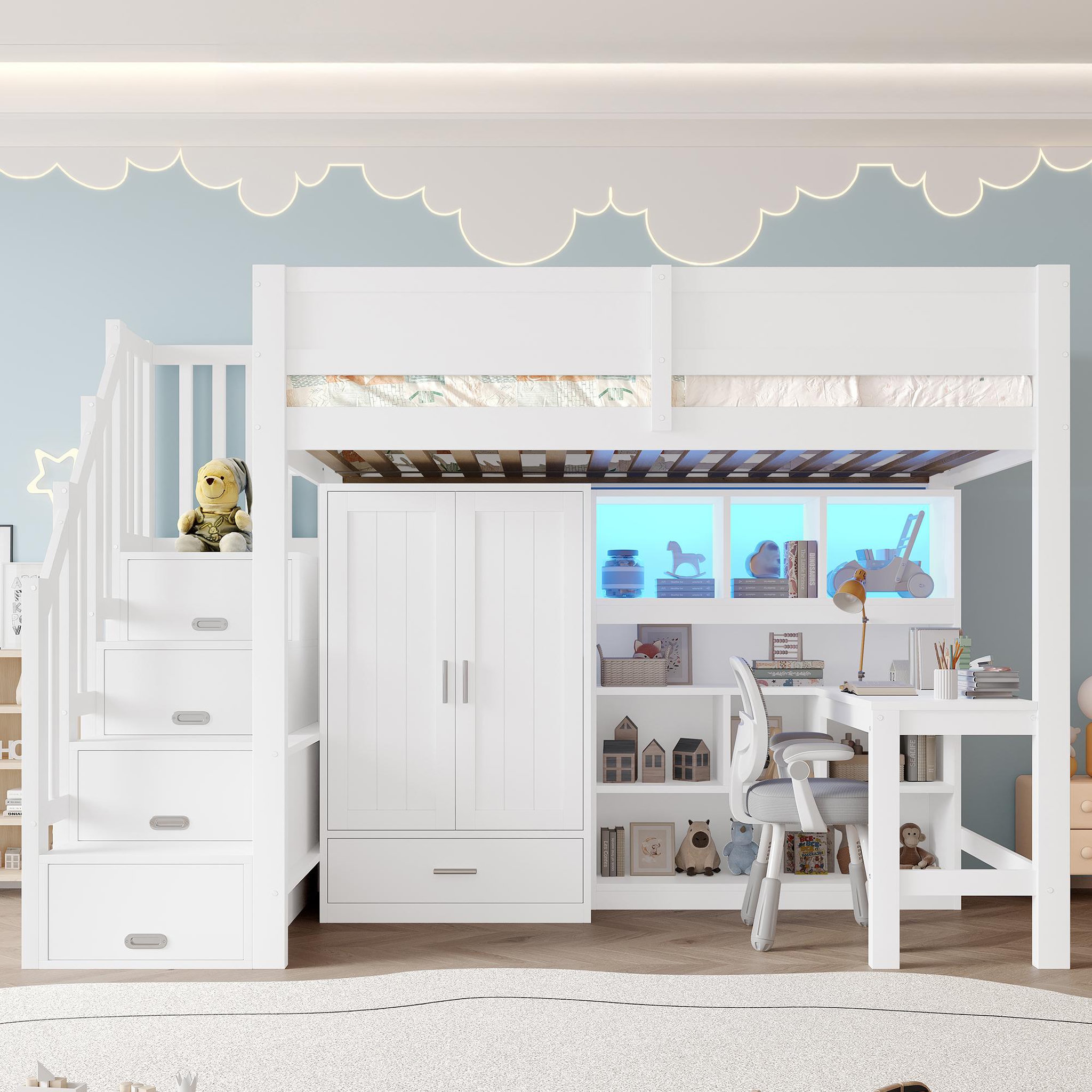 Voir la diapositive 2 : MERAX Lit combiné enfant 90x200 cm coloris blanc led pin