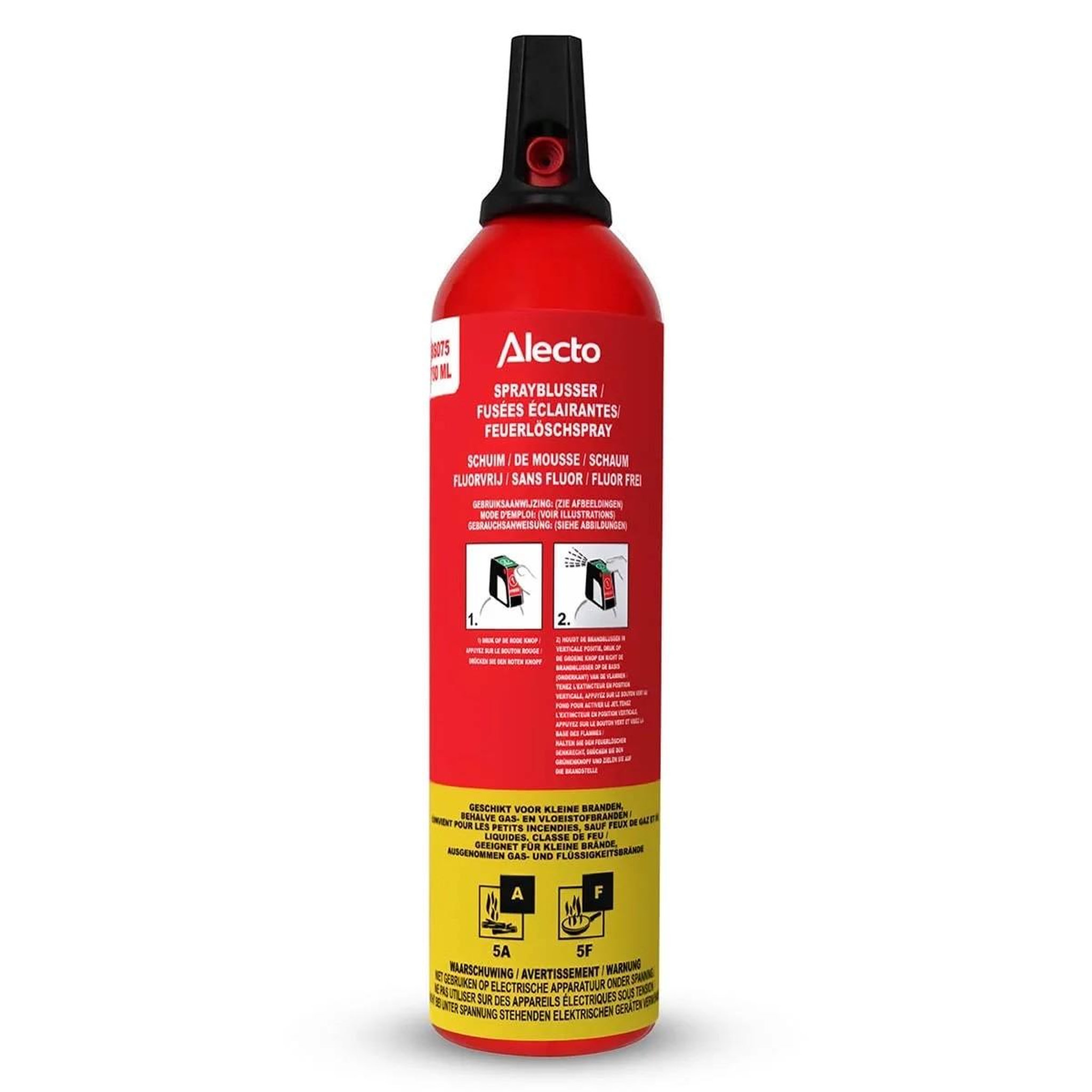 ALECTO Extincteur 750 ml Voiture Maison spray Classes A et F 5A 5F Portée 4 m Sans PFAS Protection Feu Rouge Alecto