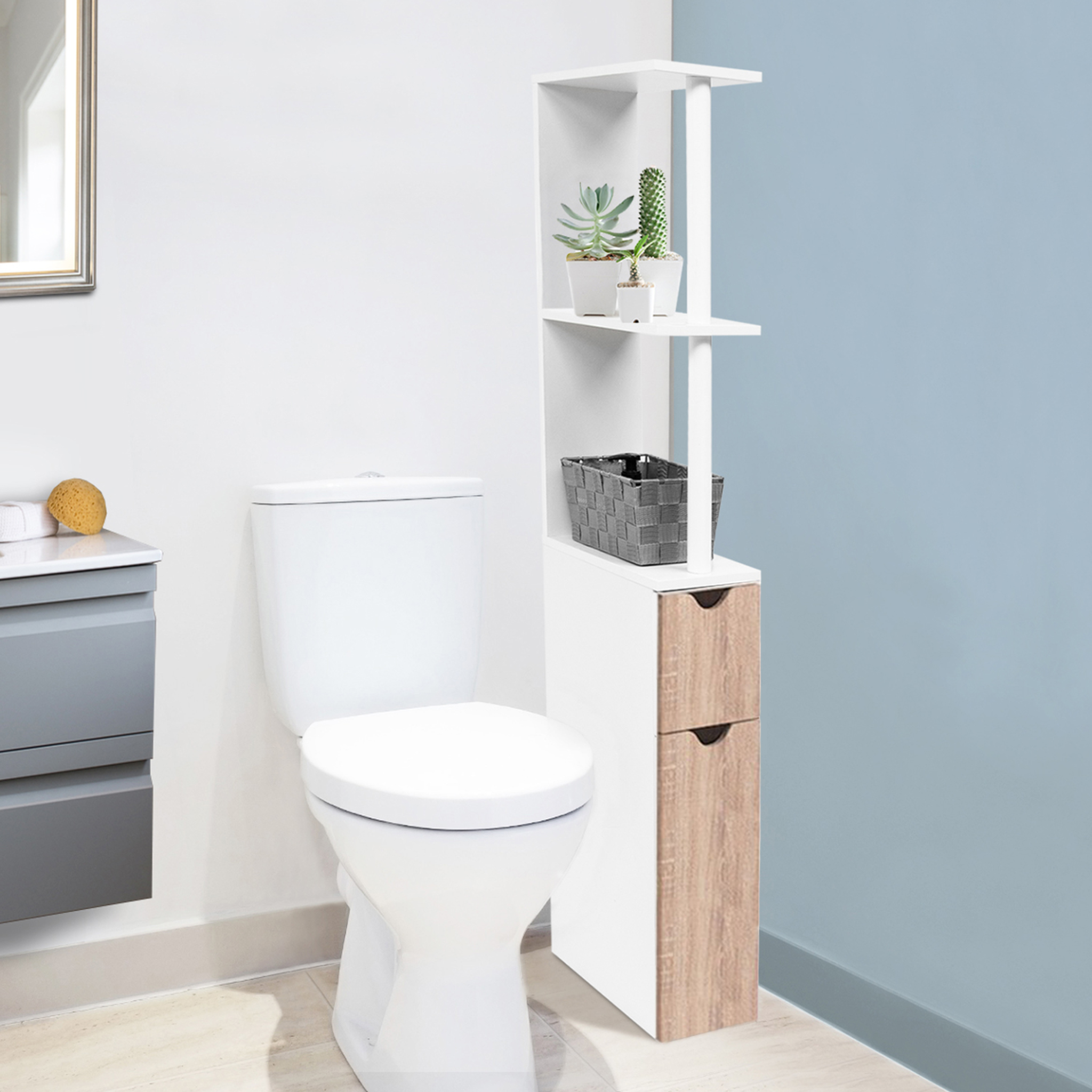 Voir la diapositive 2 : ID MARKET Meuble wc étagère willy bois 2 portes blanc et hêtre