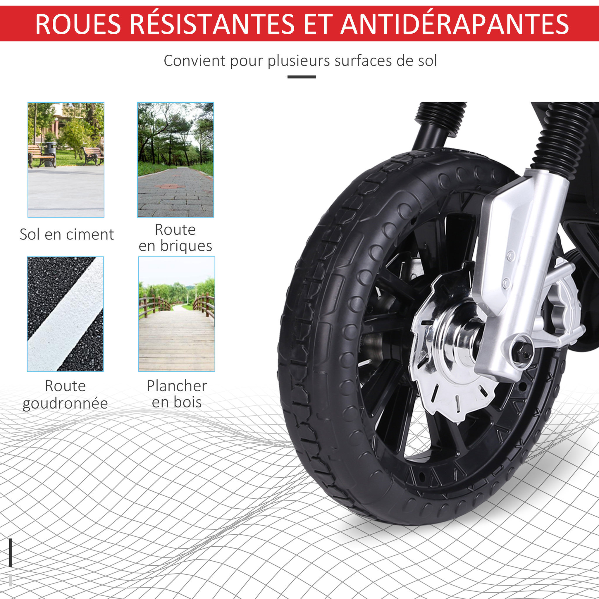 Voir la diapositive 4 : HOMCOM Moto électrique pour enfants 25 W 6 V 3 Km/h effets lumineux et sonores roulettes amovibles rouge