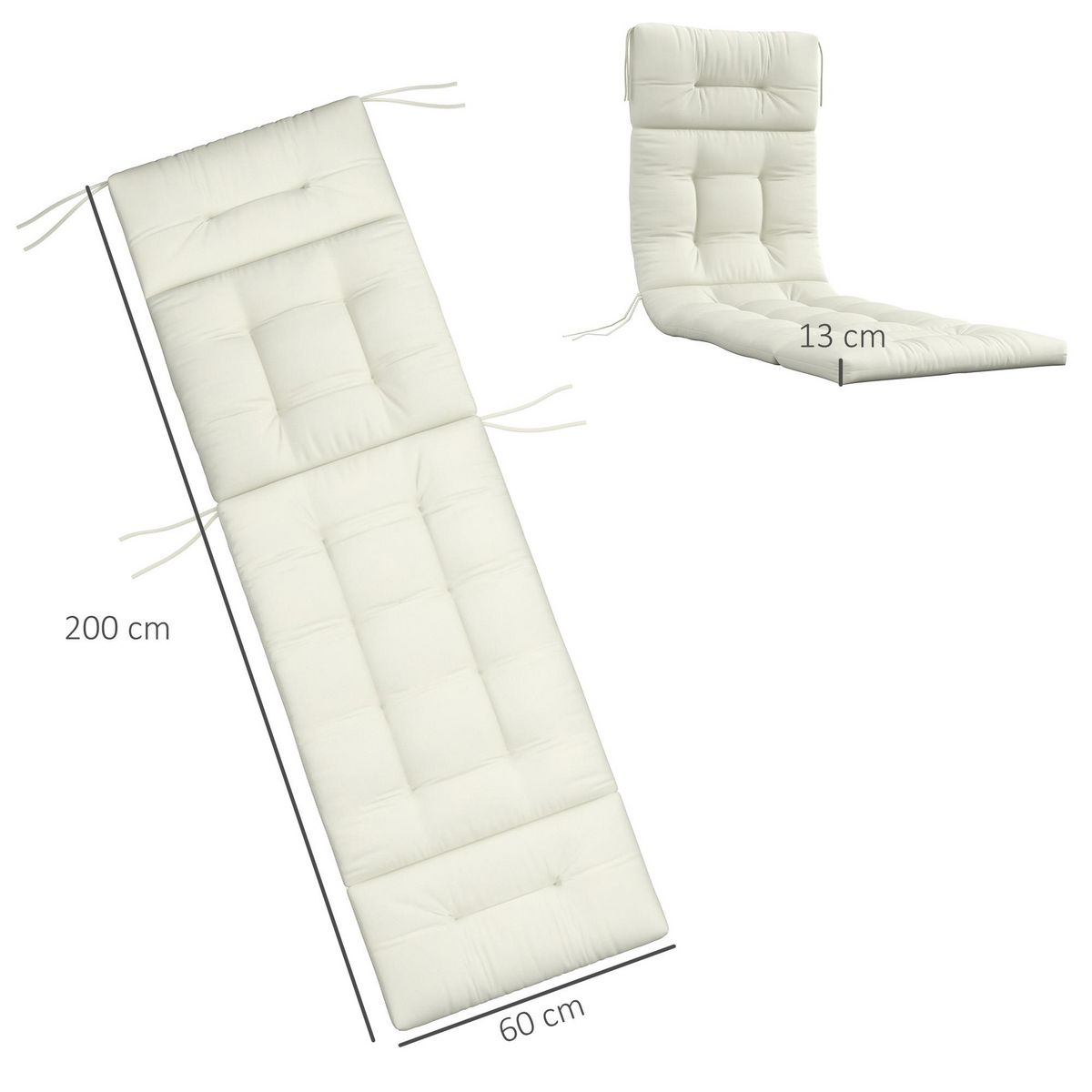 OUTSUNNY Coussin bain de soleil - coussin matelassé chaise longue - dim. 200L x 60l cm - ép. 13 cm - attaches - polyester crème