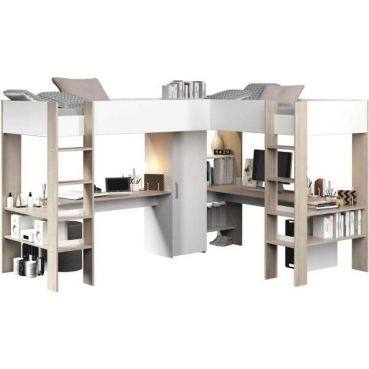 PARISOT Lit double mezzanine combiné enfant ALEXANDRA avec 2 bureaux et rangements - 2x90x200 cm - Blanc/Chene - Sommiers inclus - PARI
