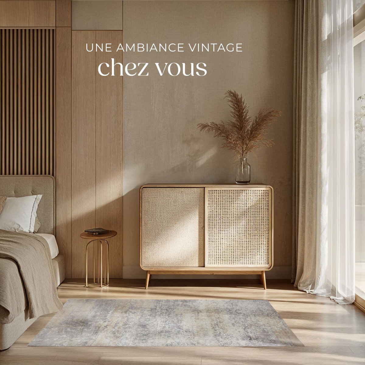 tectake Tapis design vintage à poils courts en laine synthétique et feutre beige 120 x 170 cm