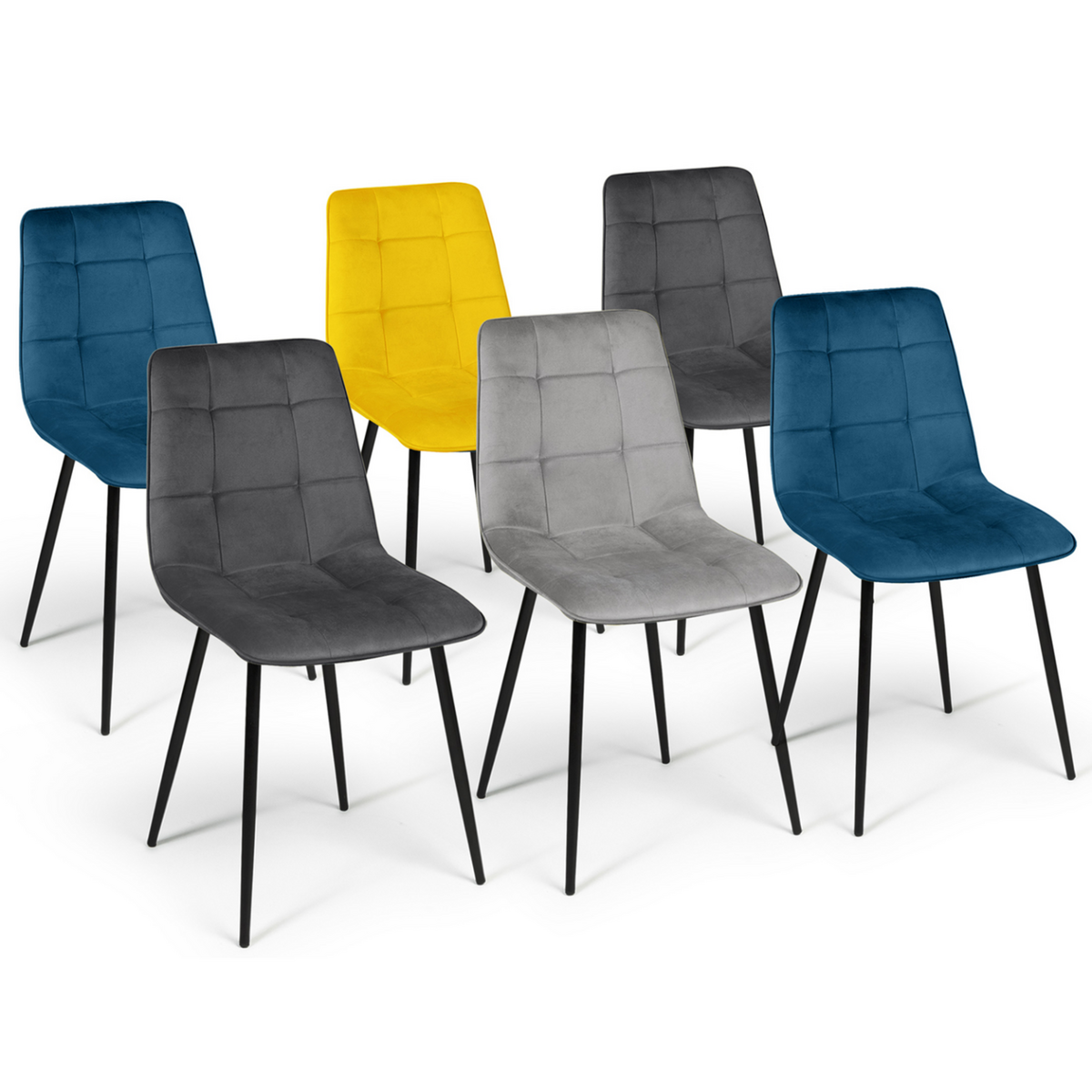 ID MARKET Lot de 6 chaises MILA en velours mix color bleu x2, gris foncé x2, gris clair, jaune
