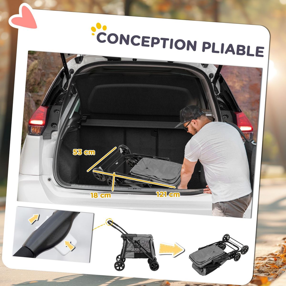 PAWHUT Poussette pliable pour chien chat 4 roues 3 pochettes rangement coussin acier oxford gris