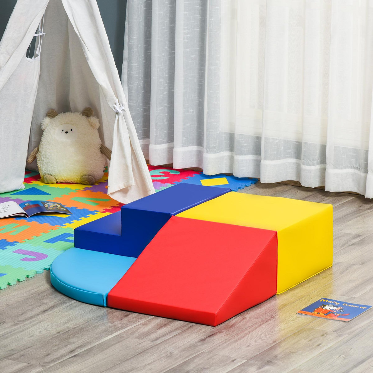 HOMCOM 4 blocs de construction en mousse XL - modules de motricité - jouets éducatifs - certifiés normes EN71-1-2-3 - mousse EPE revêtement PU bleu rouge jaune