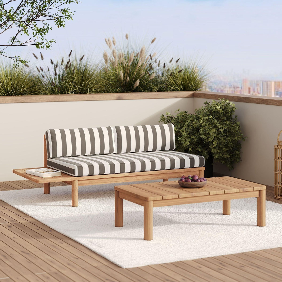 Rendez vous déco Canapé de jardin en teck massif et coussins rayés gris 2 places-Nadila