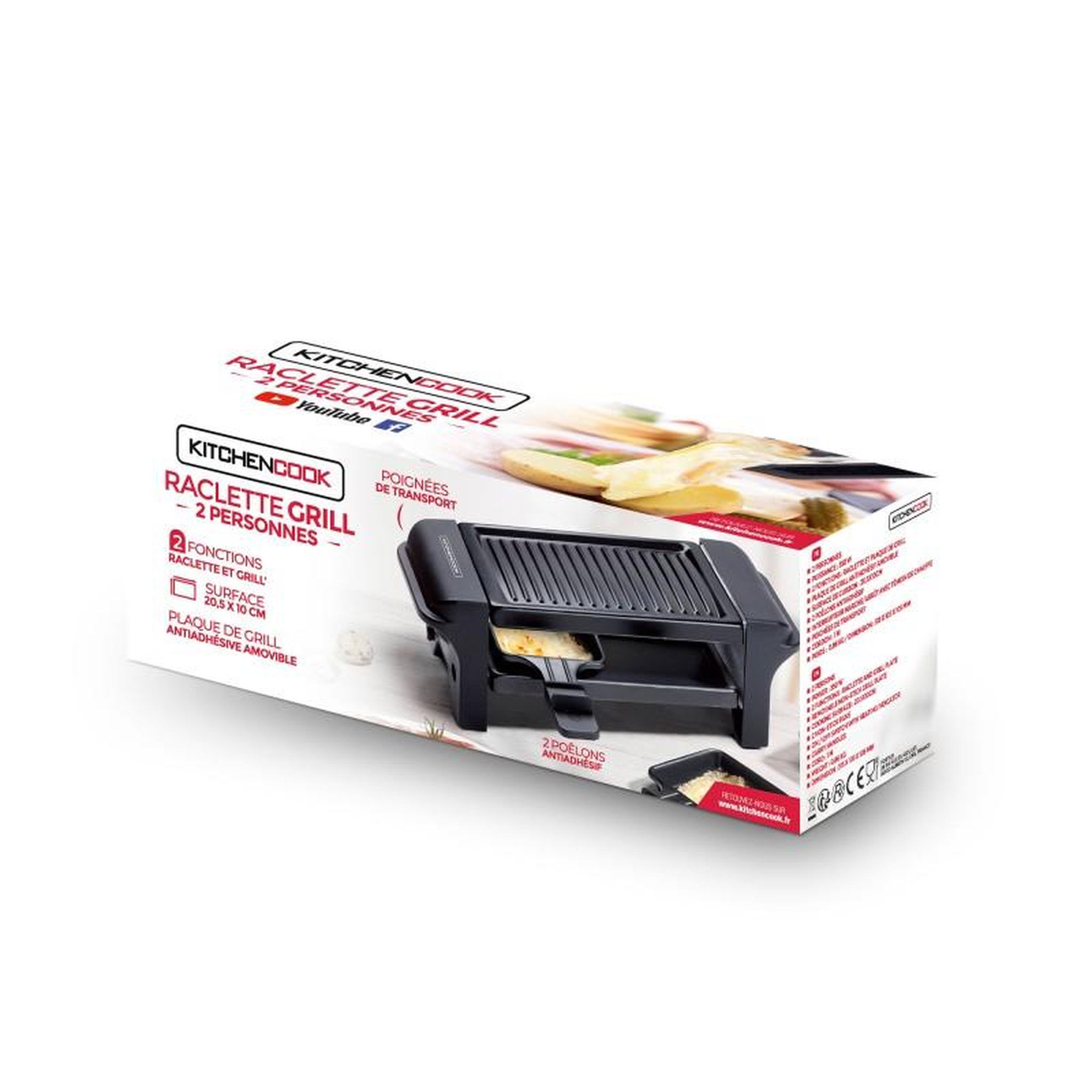 Voir la diapositive 4 : KITCHENCOOK Kitchencook - Appareil à Raclette - 2 Personnes - 350w - Grill Antiadhésif Amovible - 2 Poêlons - Poignée De Transport
