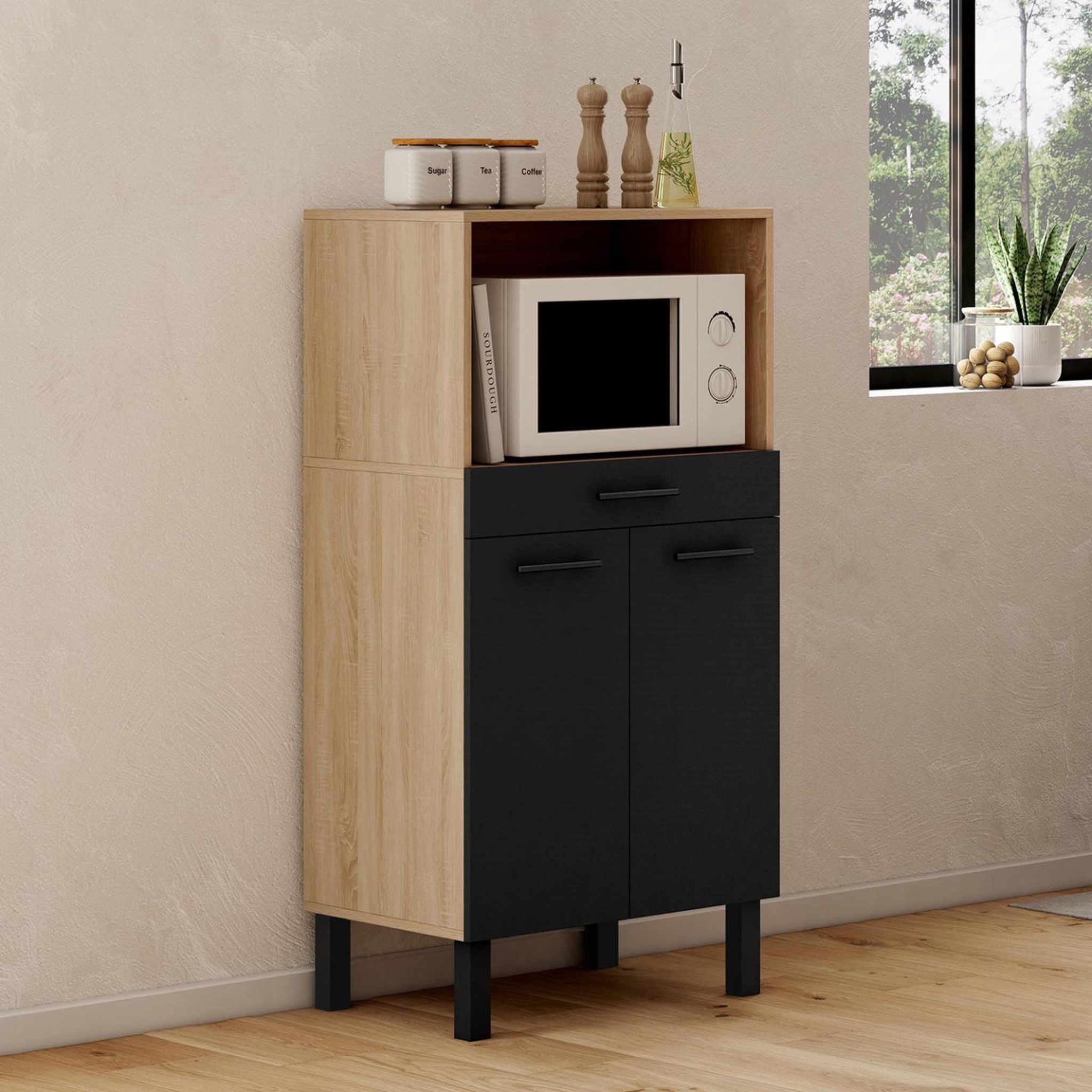 Voir la diapositive 2 : ID MARKET Buffet mi-haut de cuisine pour micro-onde 60 cm cina 1 tiroir 2 portes façon hêtre et noir