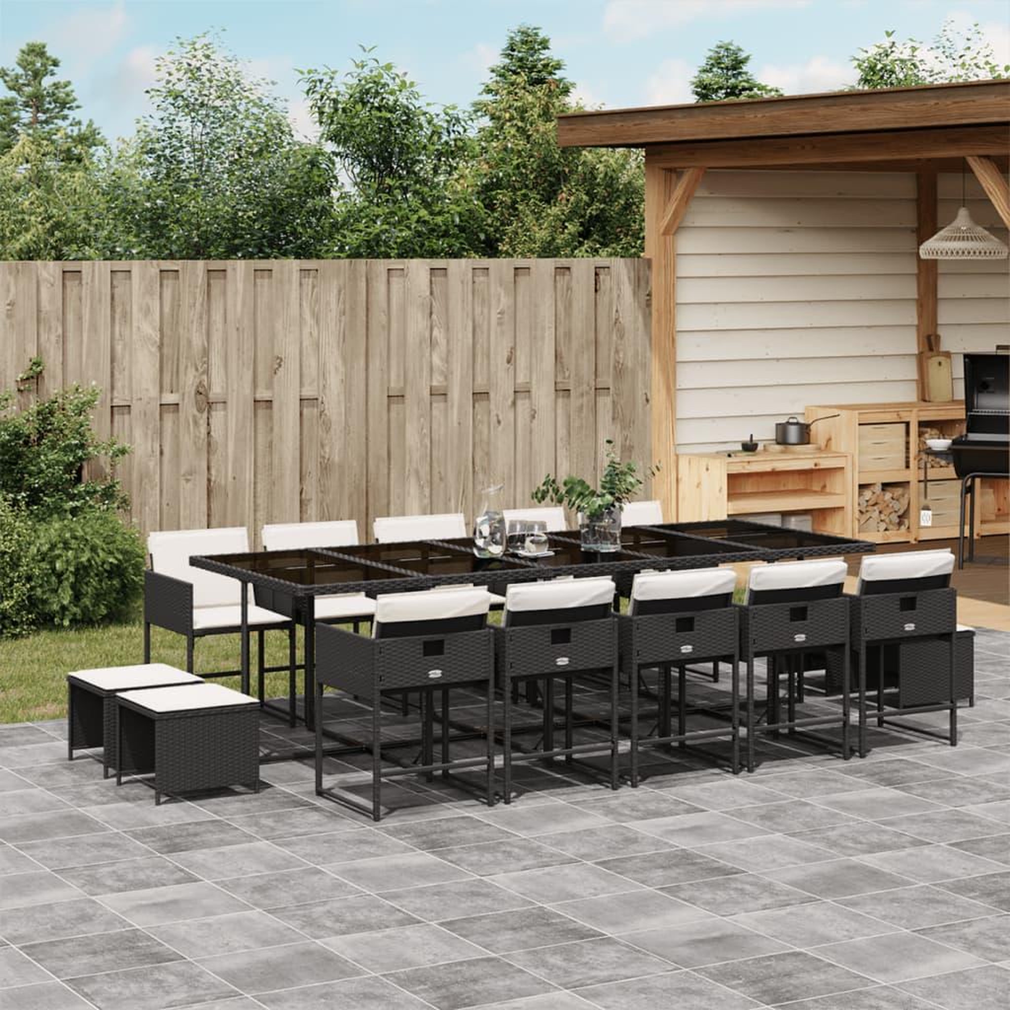 VIDAXL Ensemble a manger de jardin 15 pcs coussins noir resine tressee