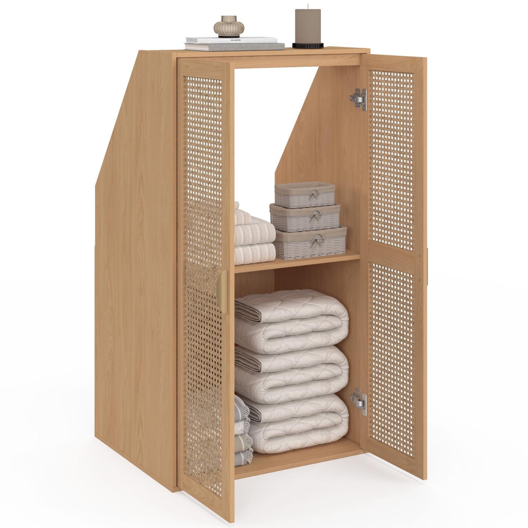 Voir la diapositive 4 : ID MARKET Armoire sous pente 2 portes edhen 60 x 50 x 70/110 cm bois et cannage