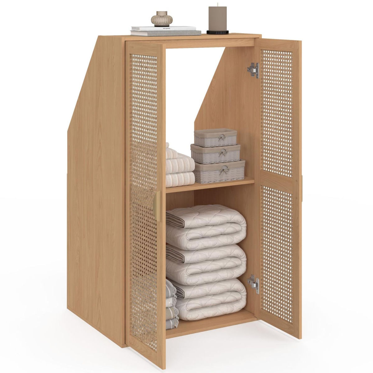 ID MARKET Armoire sous pente 2 portes EDHEN 60 x 50 x 70/110 cm bois et cannage