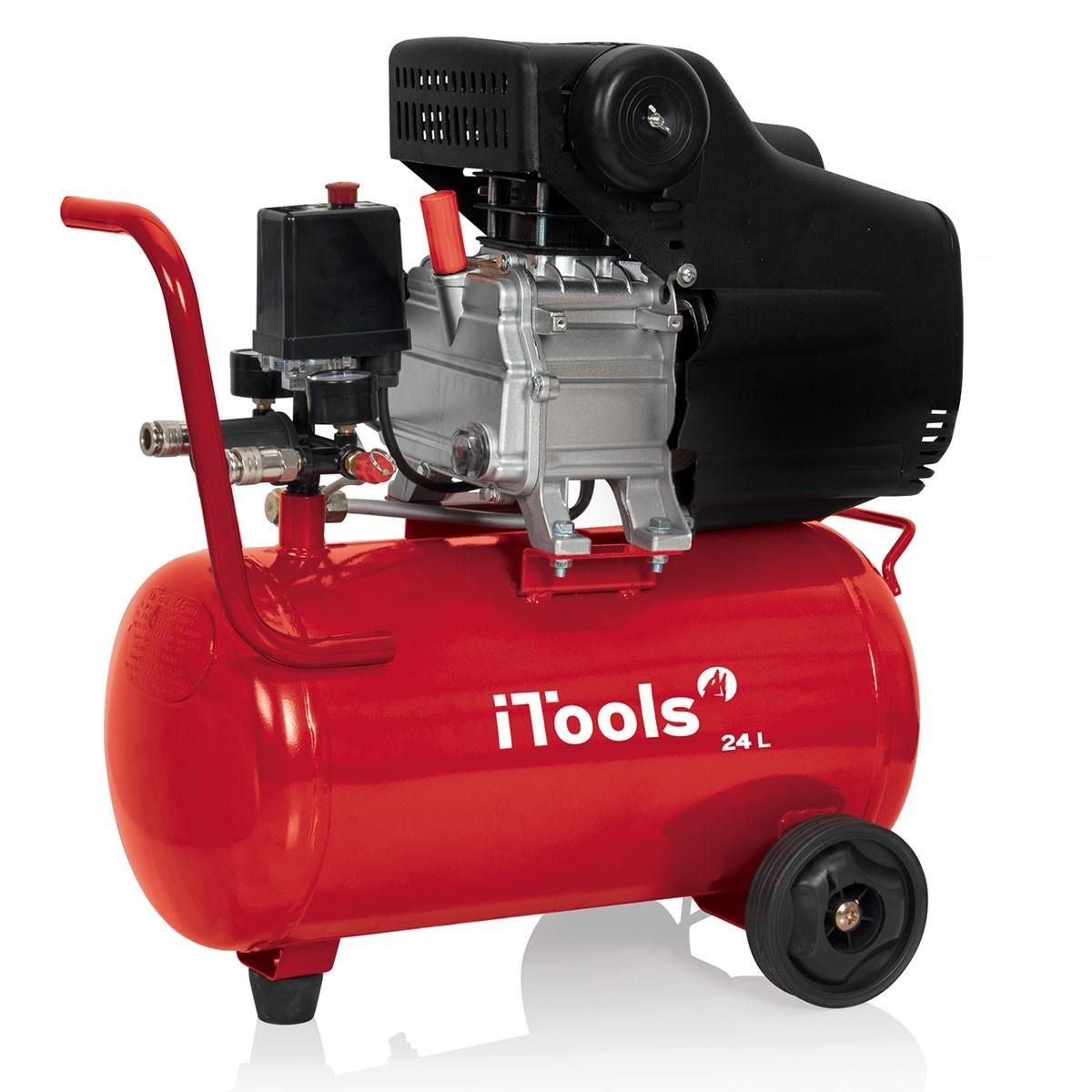 iTools Compresseur d'air 24 Litres 8 bar 2CV 1.5KW 115 PSI + Kit Air comprimé 5 Pièces ITOOLS