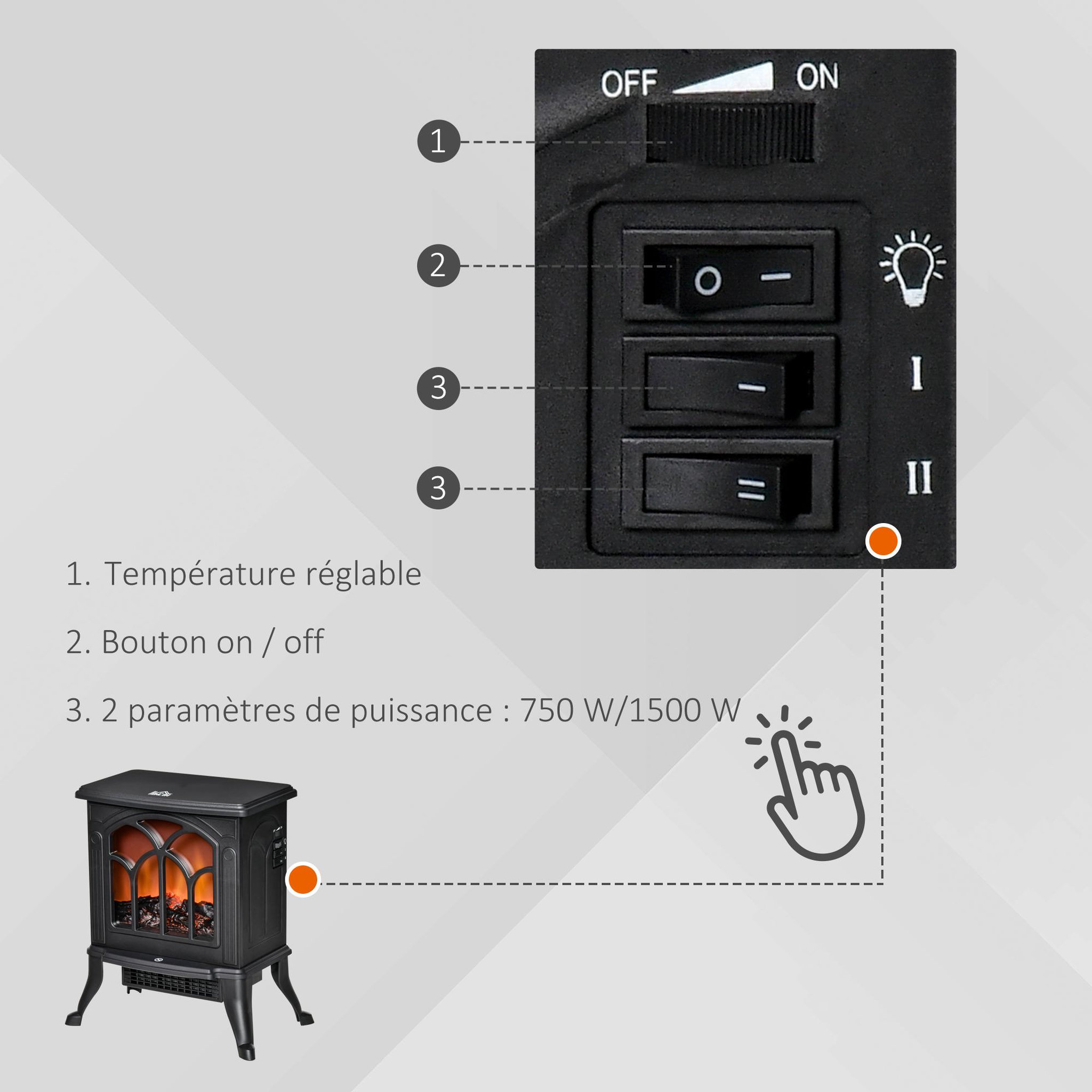 Voir la diapositive 6 : HOMCOM Cheminée électrique poêle style rétro thermostat 750-1500 W noir