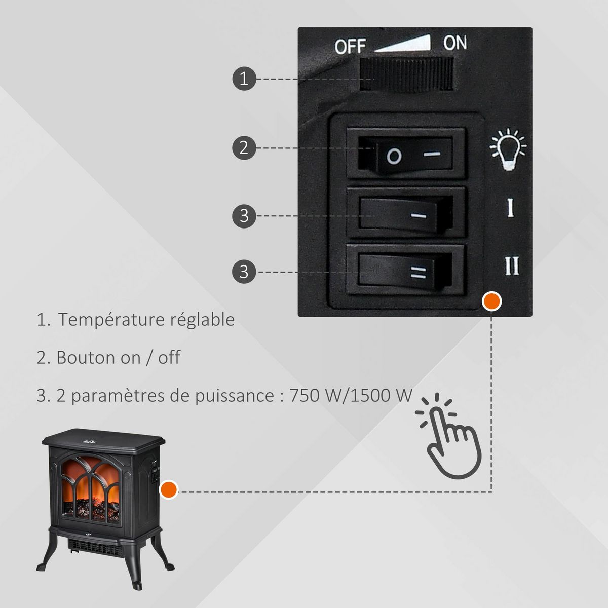 HOMCOM Cheminée électrique poêle style rétro thermostat 750-1500 W noir