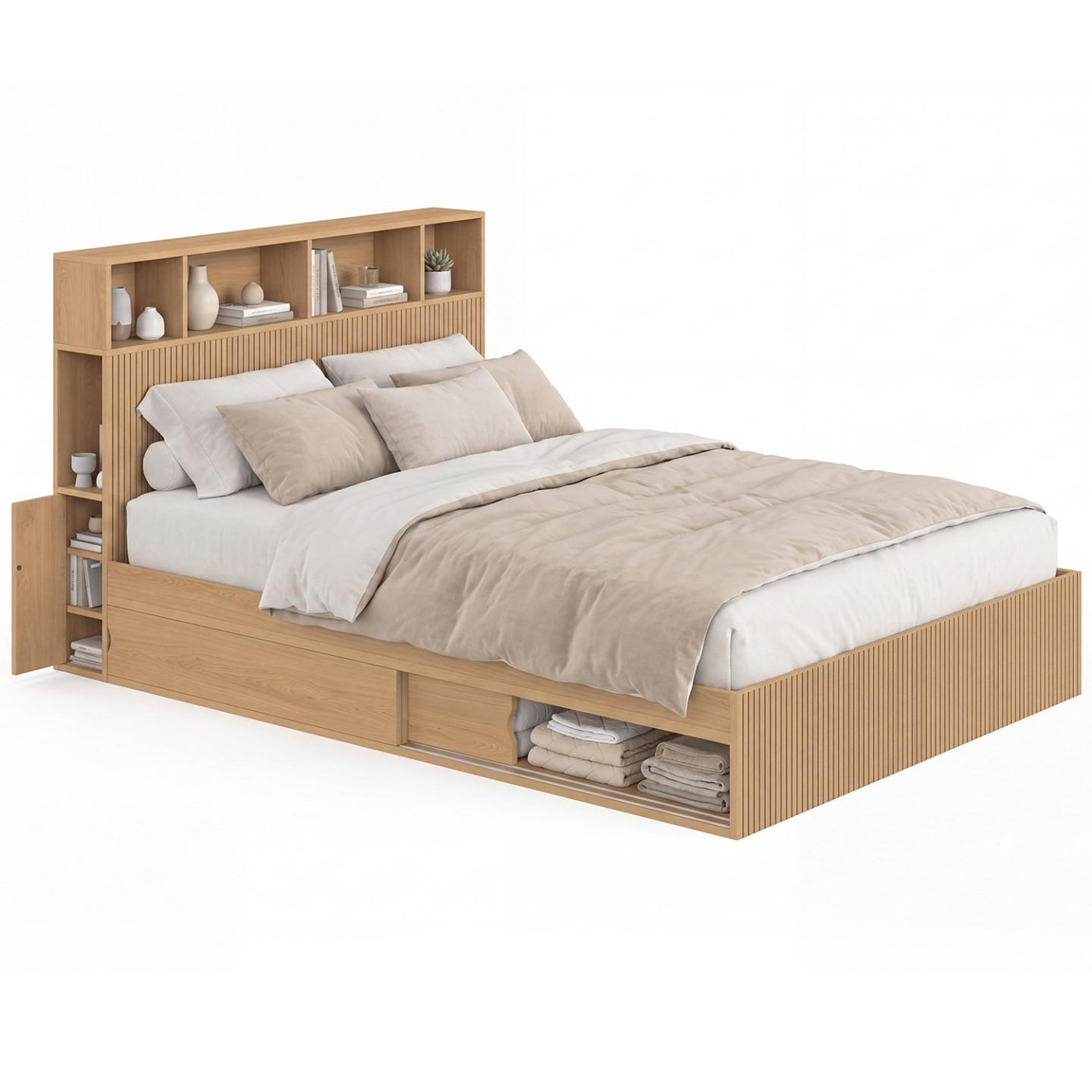 ID MARKET Lit double JULIETTE avec rangements + tête de lit et sommier 140 x 190 cm effet lattes tasseau bois