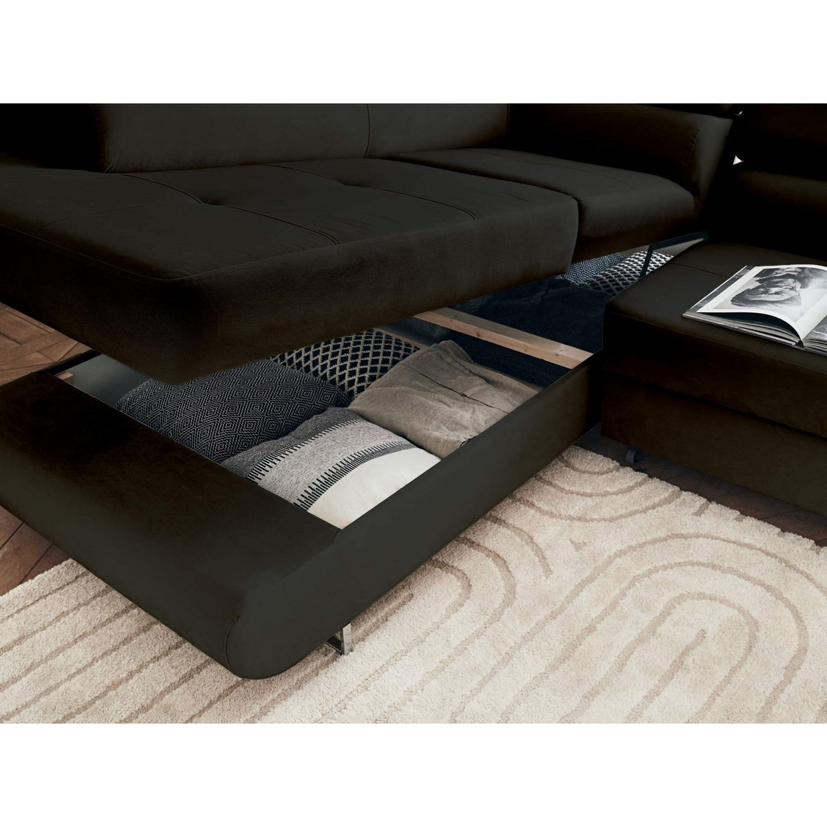 BEST MOBILIER Pablo - canapé d'angle gauche - 5 places - convertible avec coffre et têtières réglables - en velours