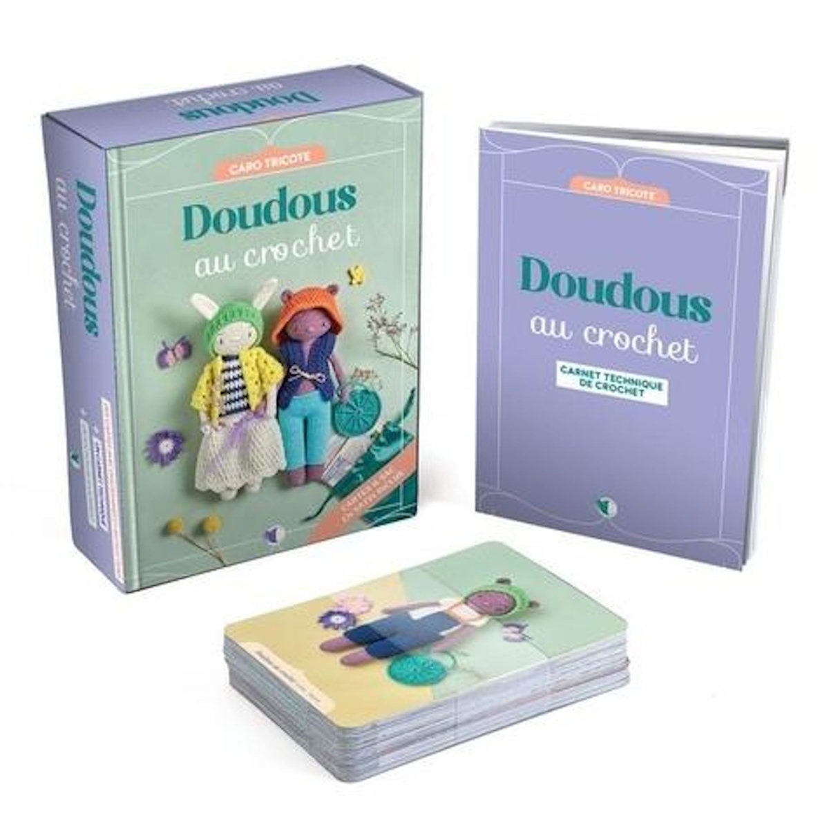 MES DOUDOUS AU CROCHET. COFFRET AVEC DES CARTES AVEC DIAGRAMMES ET INSTRUCTIONS, UN CARNET TECHNIQUE, UN POCHON DE RANGEMENT, Caro Tricote
