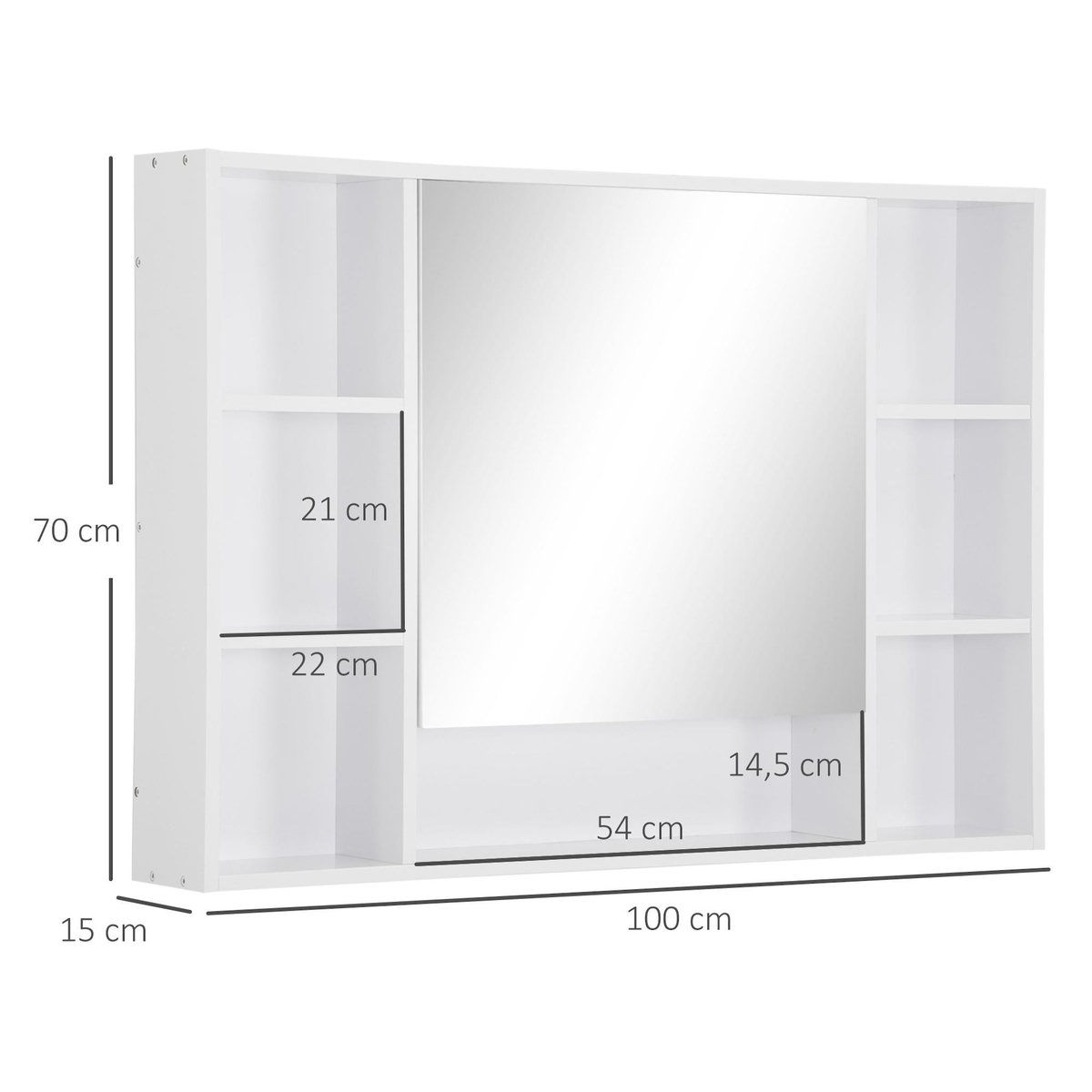 KLEANKIN Armoire murale salle de bain avec miroir - 7 niches, étagère - 100 x 15 x 70 cm - MDF blanc