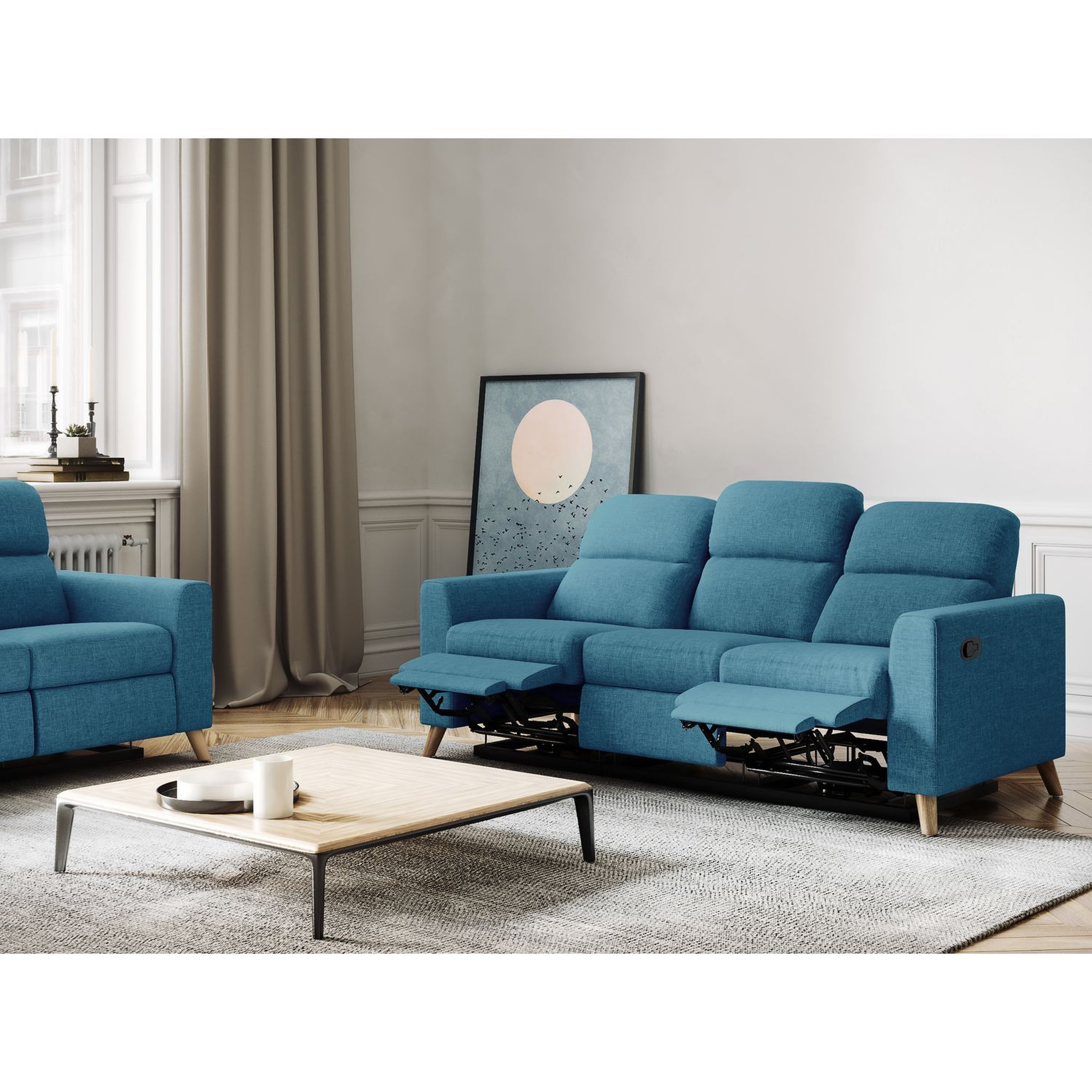 Voir la diapositive 2 : Canapé de relaxation  manuel 3 places en tissu  coloris bleu et pieds bois hêtre BERKAM