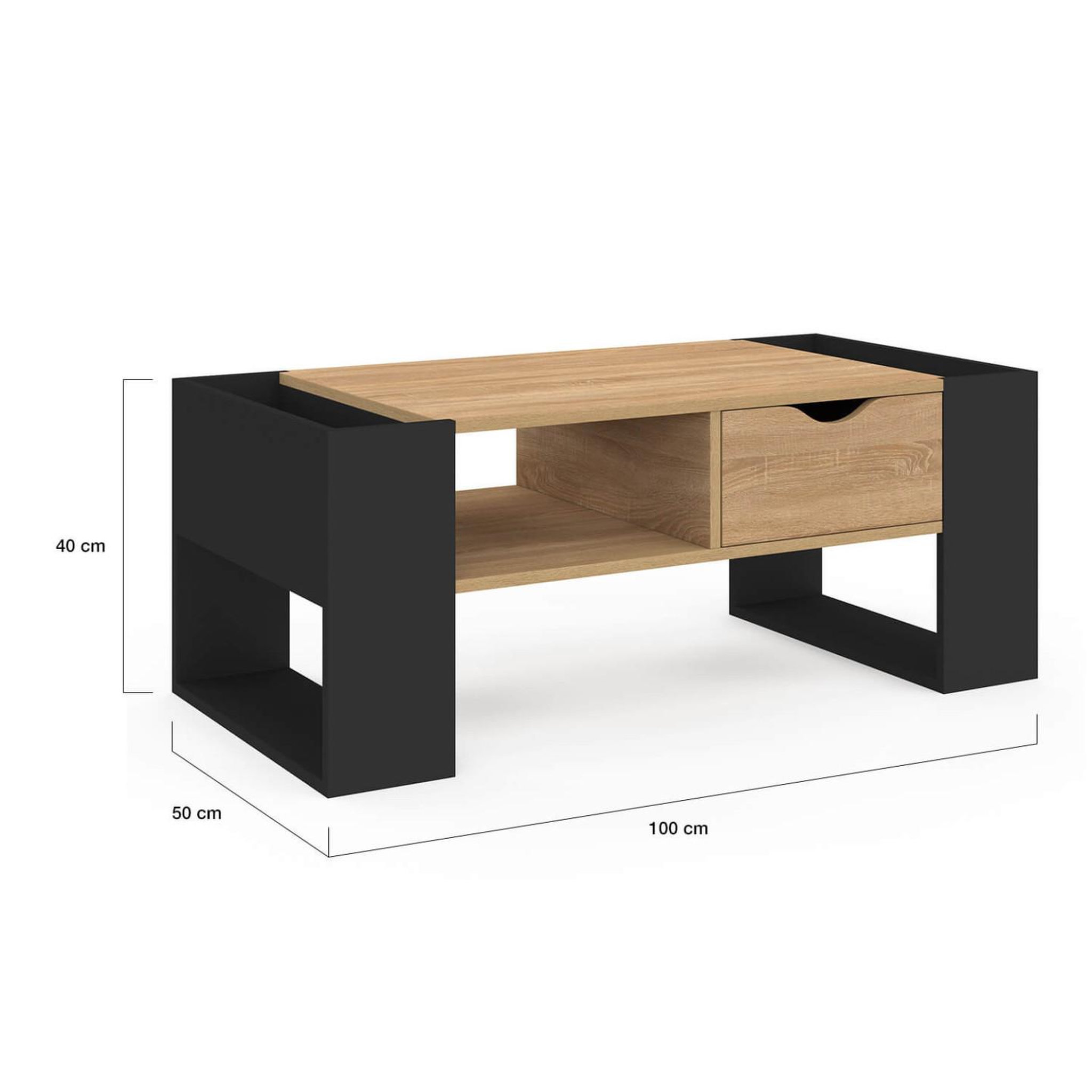 Voir la diapositive 5 : ID MARKET Table basse rectangulaire beryl avec tiroir bois noir et façon hêtre