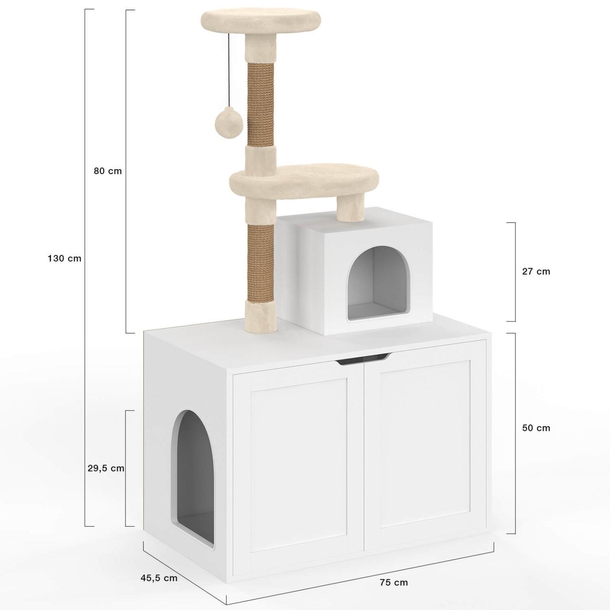 Voir la diapositive 5 : ID MARKET Maison de toilette pour chat avec arbre à chat, cache-litière 2 portes, niche et plateforme en bois blanc