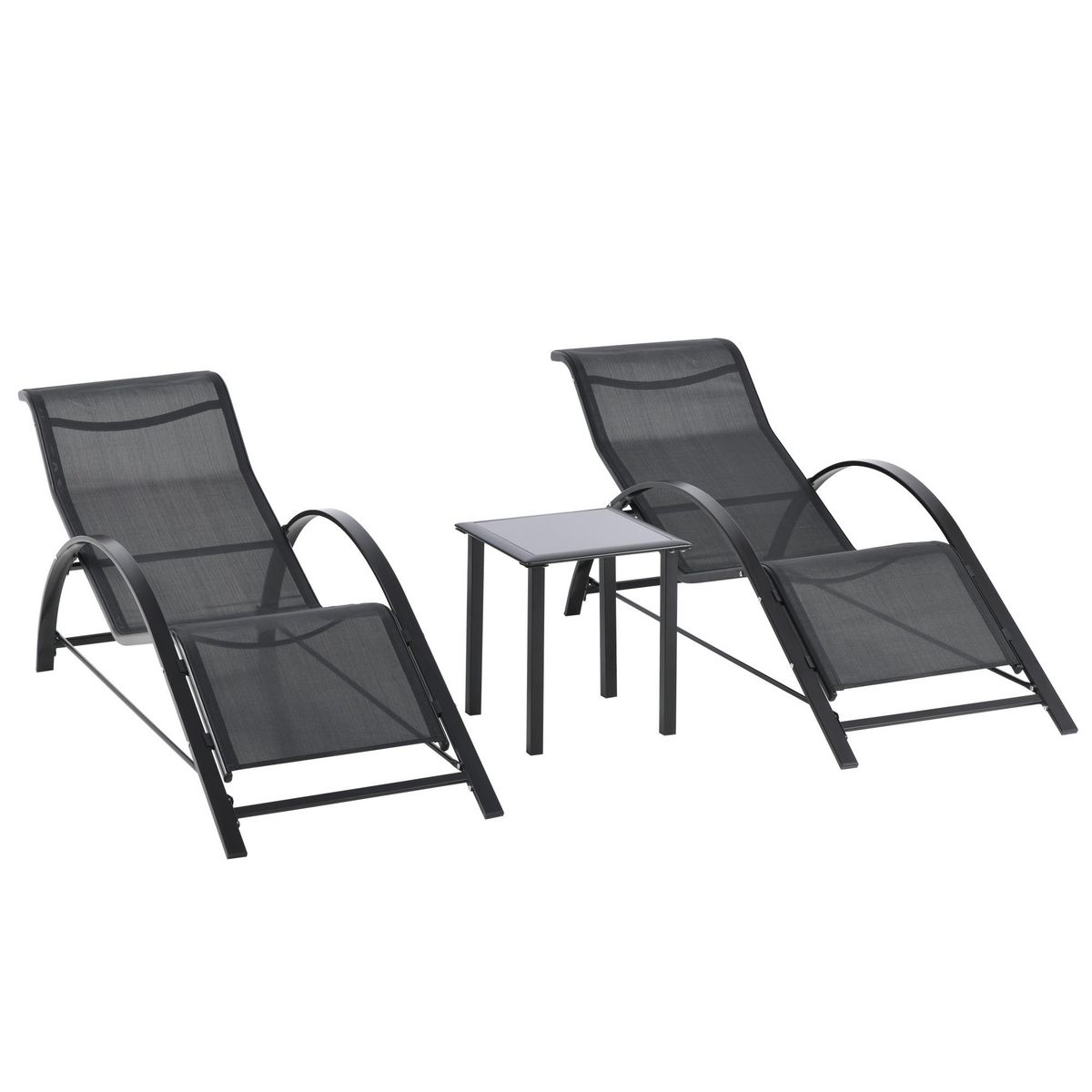 OUTSUNNY Lot de 2 bains de soleil design contemporain table basse plateau verre trempé métal époxy textilène noir