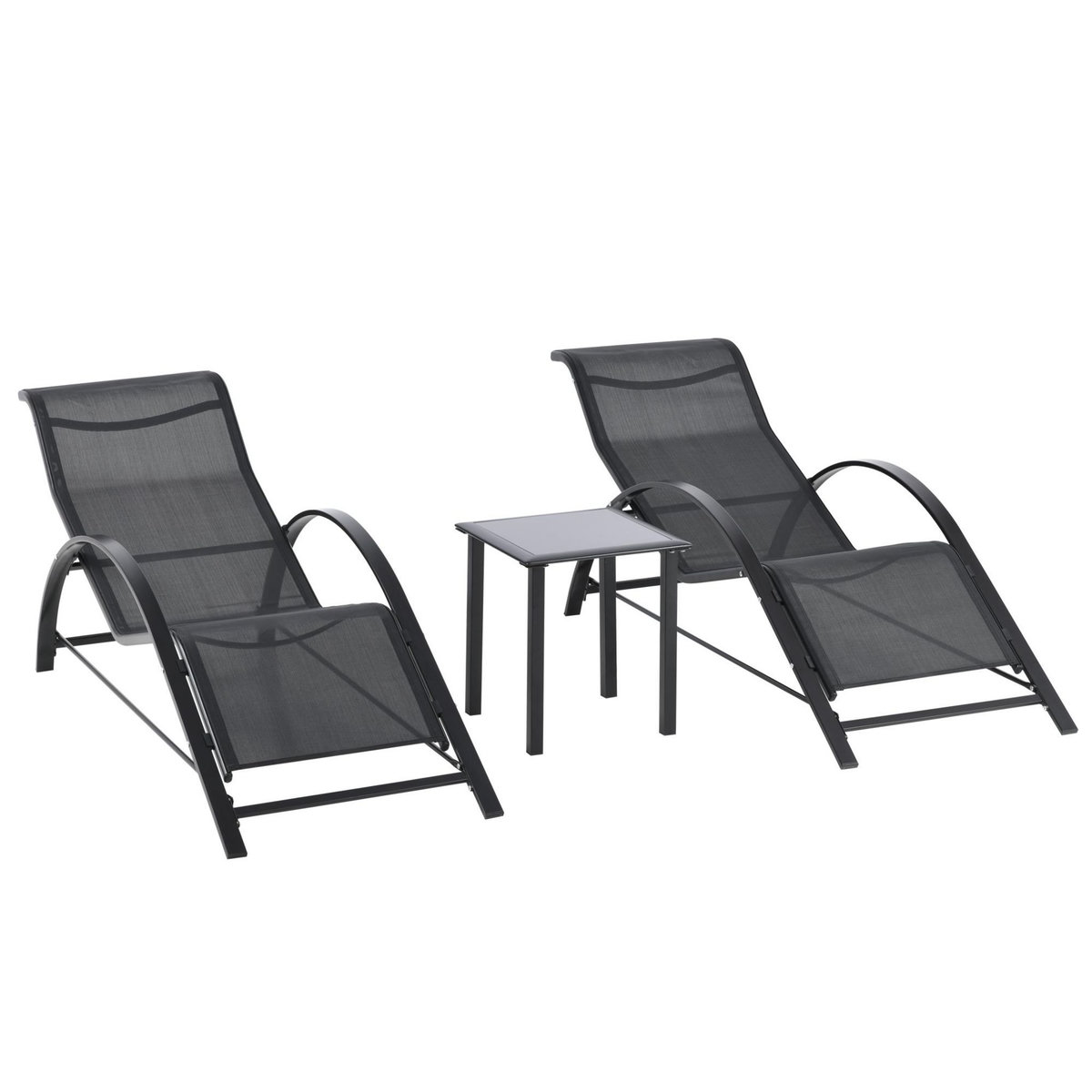 OUTSUNNY Lot de 2 bains de soleil design contemporain table basse plateau verre trempé métal époxy textilène noir