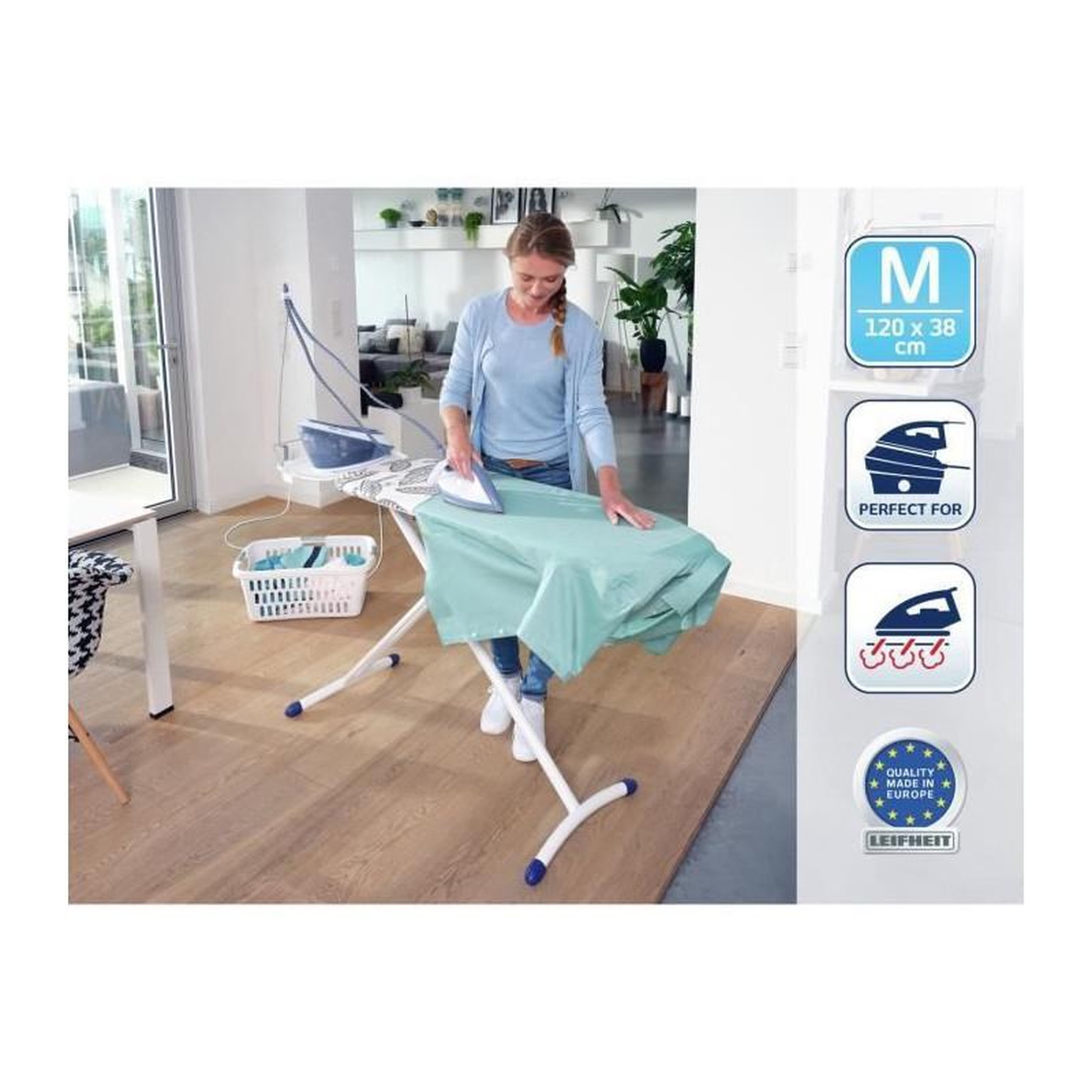Voir la diapositive 2 : Leifheit LEIFHEIT 72565 Table a repasser Air Board Express M Solid, planche a repasser pliante 120x38 cm, avec support pour centrale vape