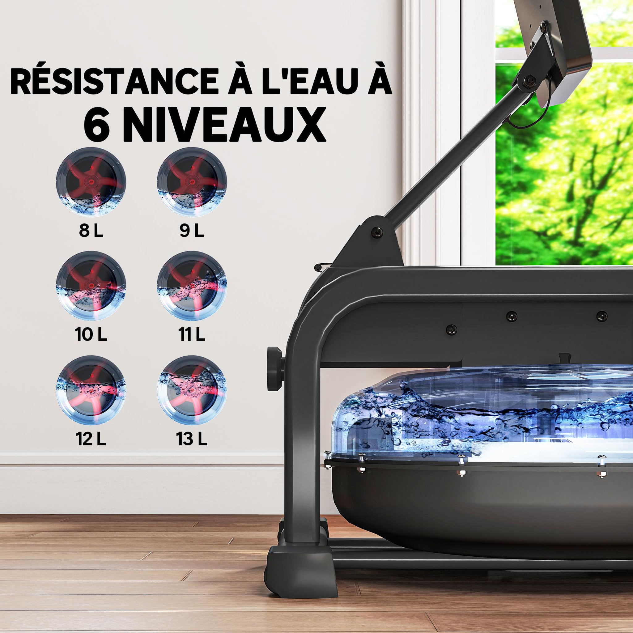 Voir la diapositive 5 : HOMCOM Rameur à eau rameur pliable 6 niveaux de résistance écran lcd multifonction support tablette noir