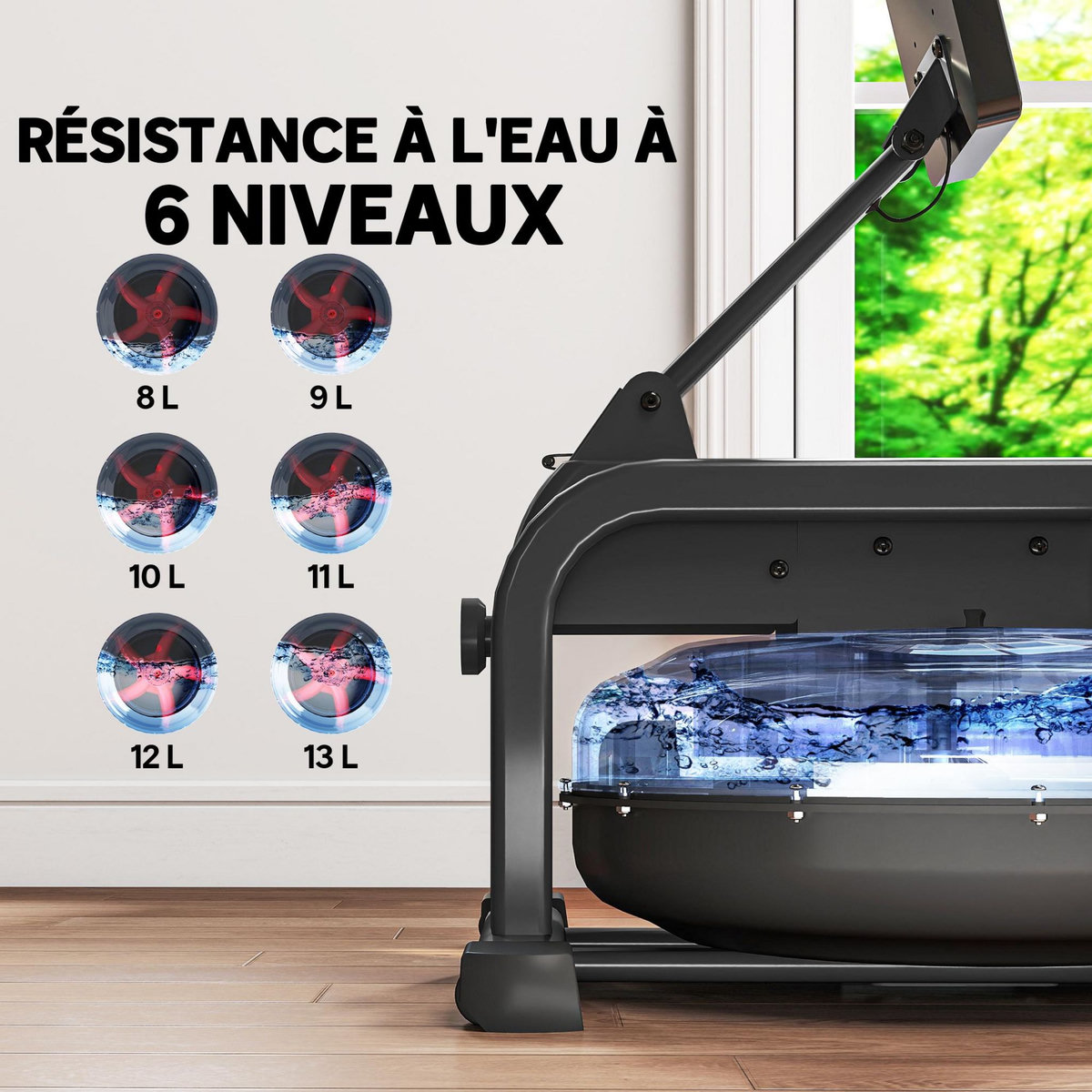 HOMCOM Rameur à eau rameur pliable 6 niveaux de résistance écran LCD multifonction support tablette noir