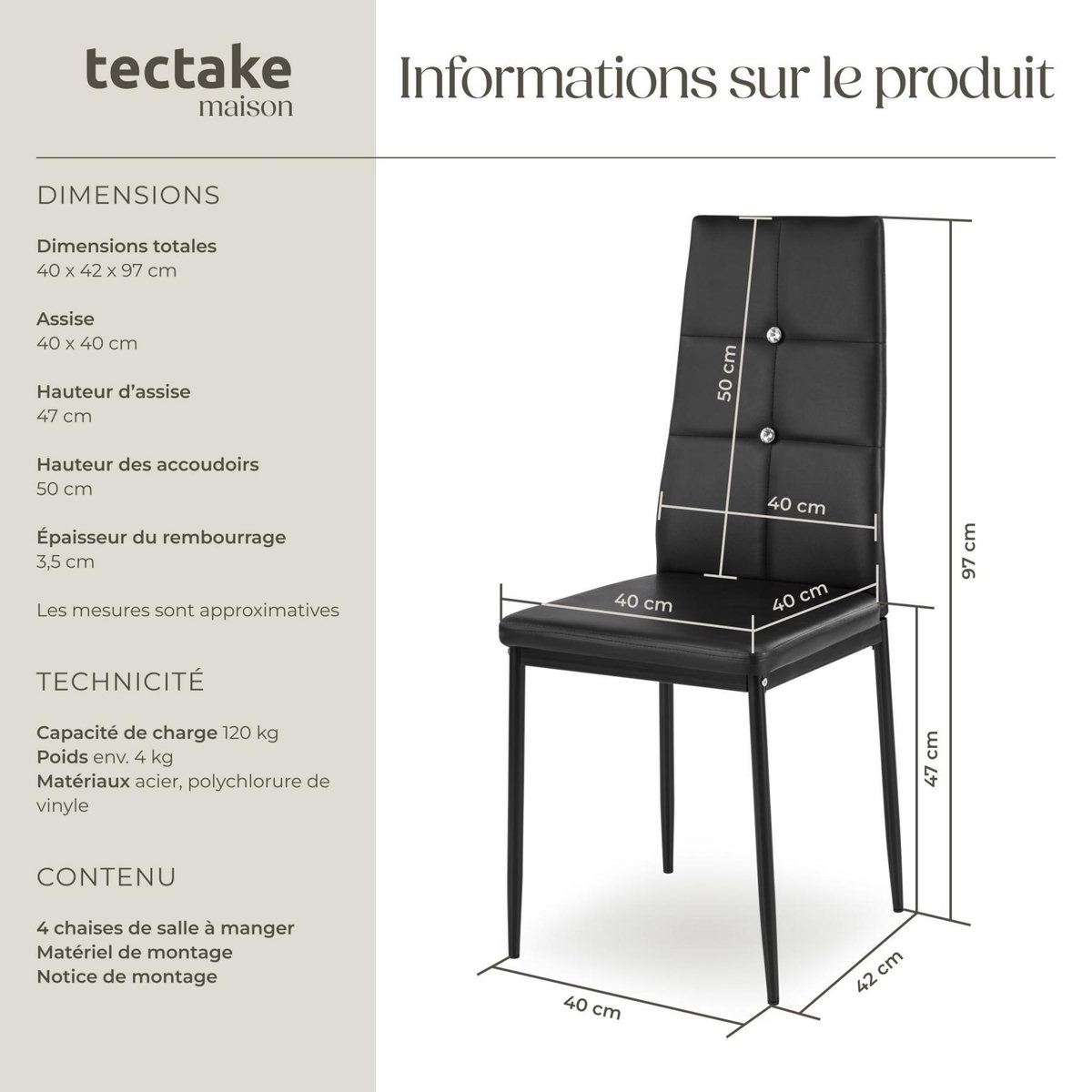 tectake Ensemble de chaises de salle à manger rembourré avec revêtement aspect cuir noir Lot de 4