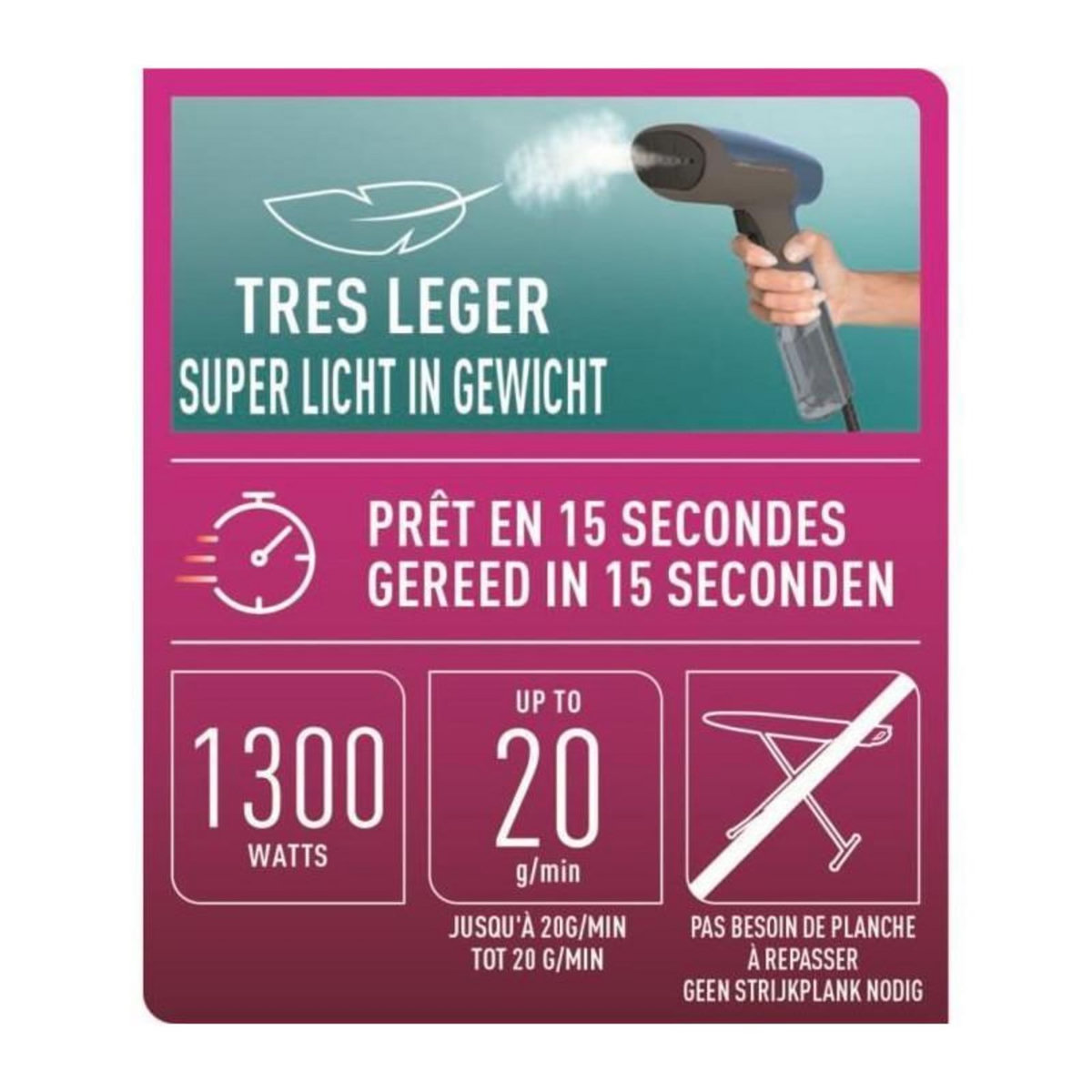CALOR CALOR DT6150C0 Access Steam First Defroisseur vapeur, Chauffe en 15 sec, Vapeur continue 20 g/min, Assainissant, Reservoir 70 ml