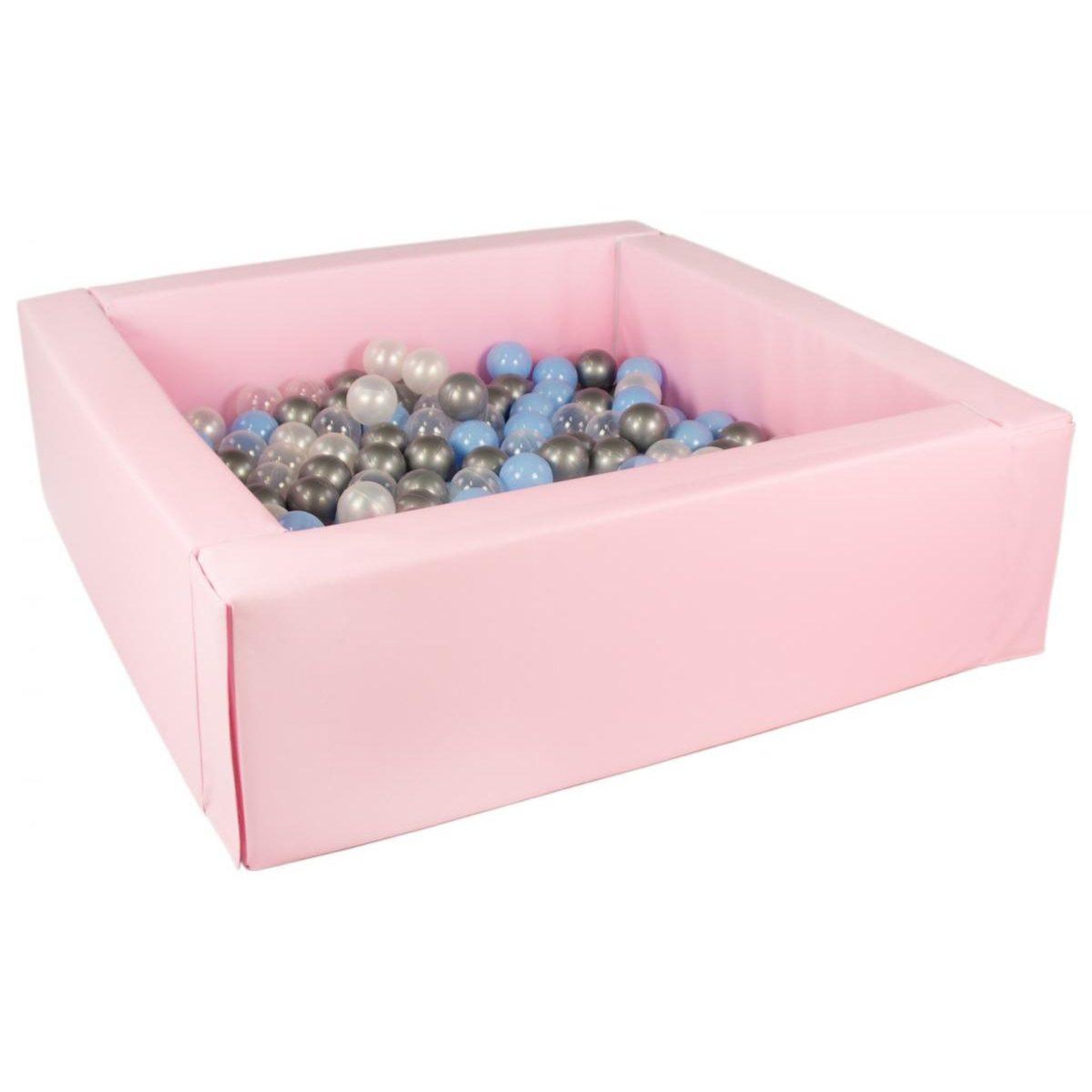 VELINDA Piscine à balles carrée avec 200 balles - rose clair/perle, transparent, bleu clair, argent