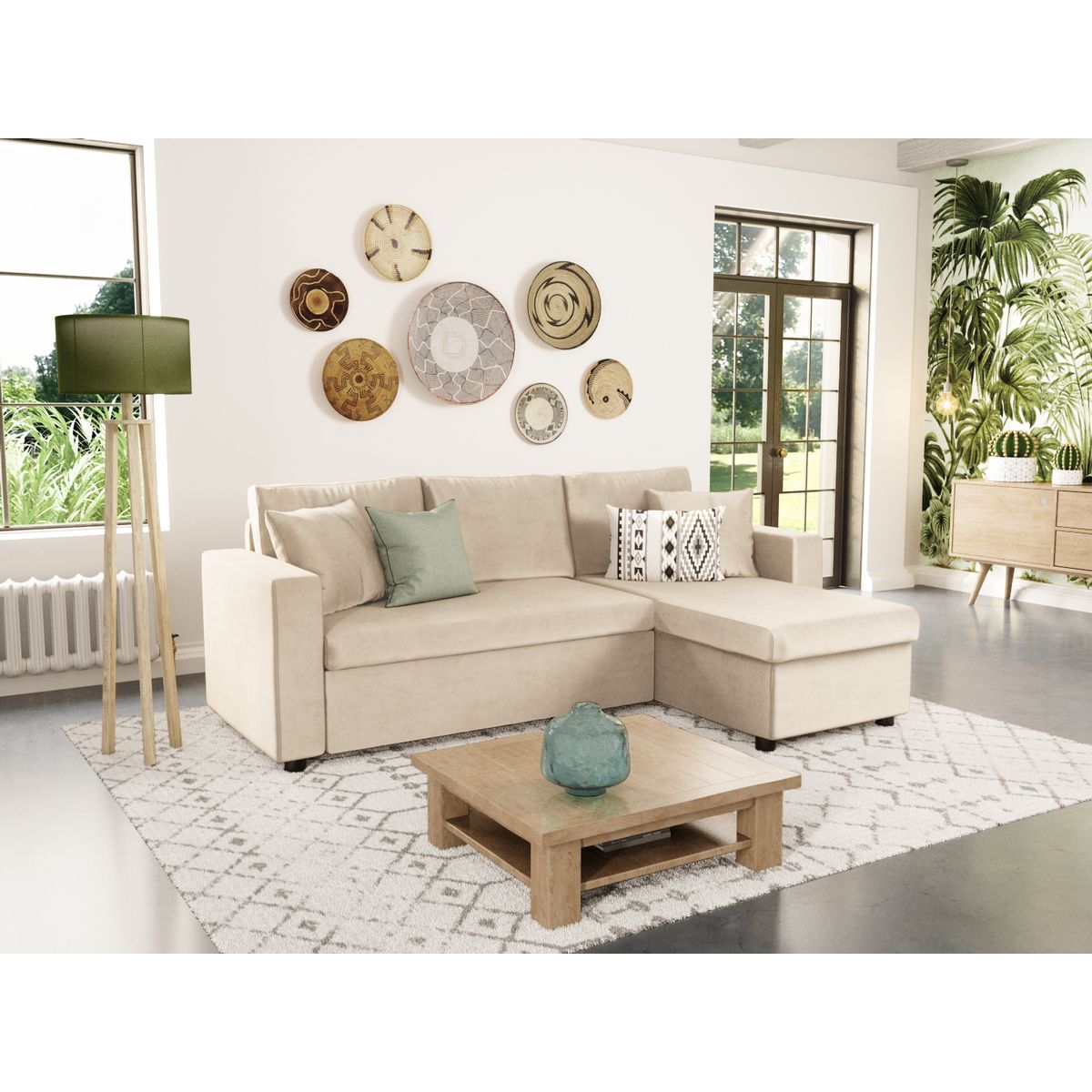 Canapé d'angle réversible convertible avec coffre en tissu ou velours GERALDINE 