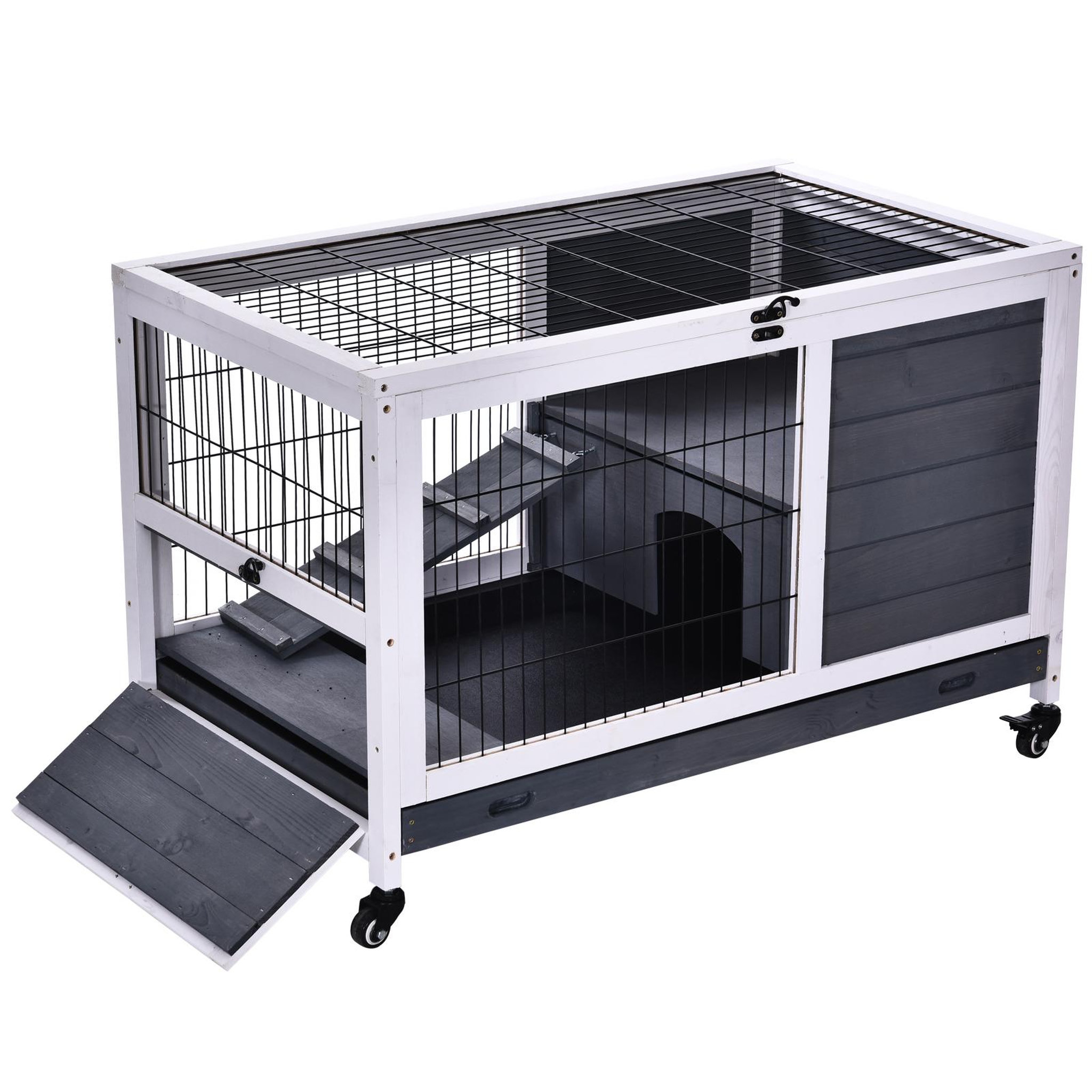Voir la diapositive 2 : PAWHUT Clapier à lapin sur roulettes cage à lapin 2 étages porte verrouillable toit ouvrant plateau coulissant rampe bois de sapin gris blanc