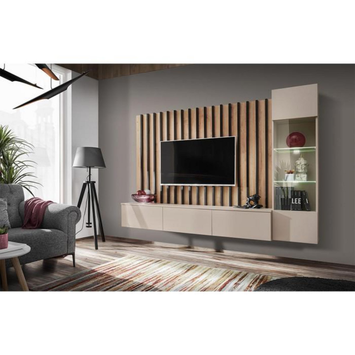 Paris Prix Ensemble Meuble TV à Lattes  Verti  220cm Beige