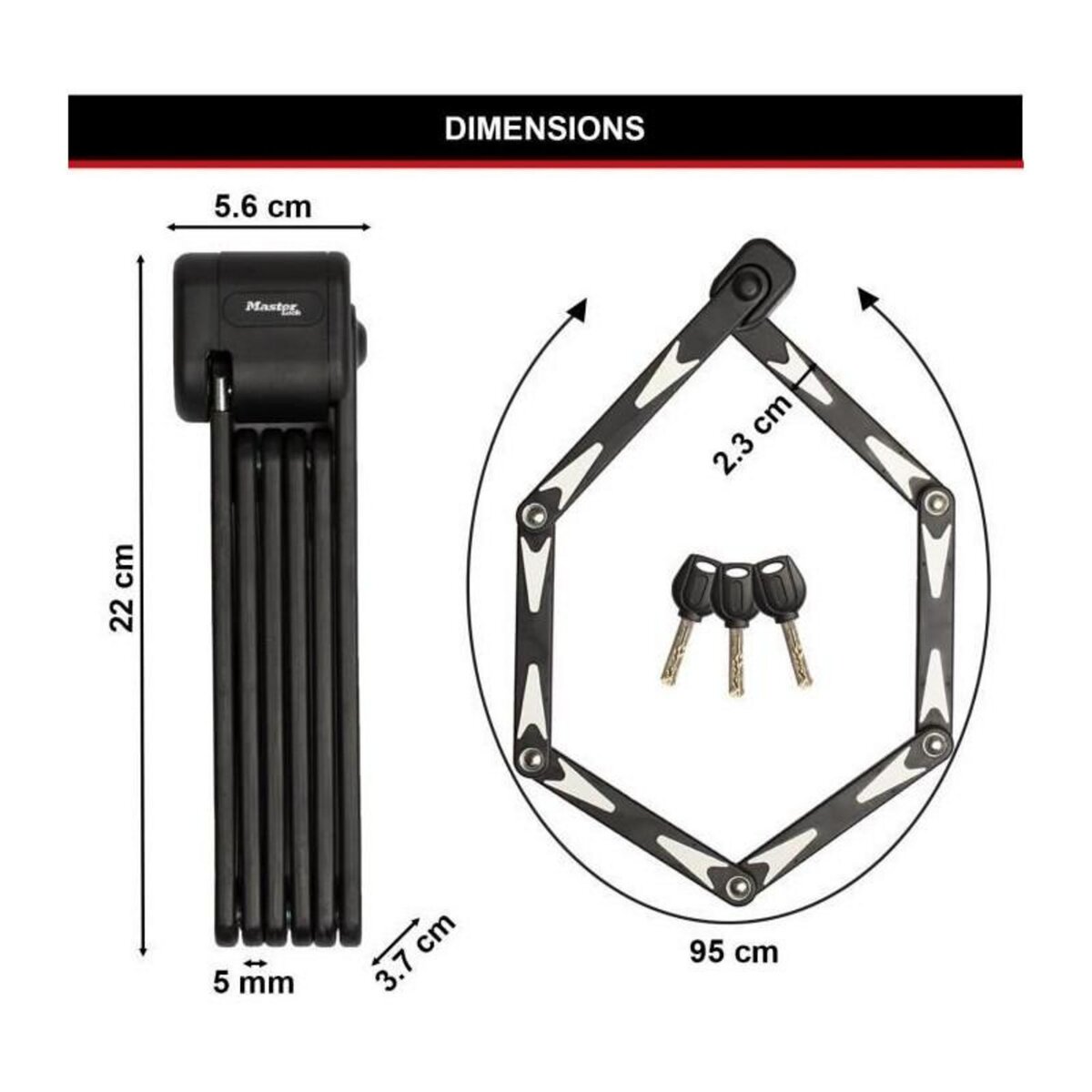 Master lock Antivol Vélo Pliabe Certifié en Acier Trempé, 3 clés, Support de transport Inclus