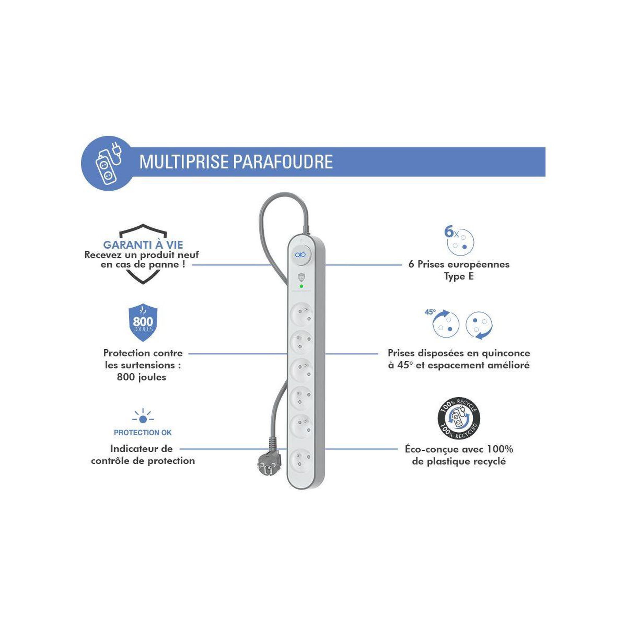 Voir la diapositive 5 : FORCE POWER Parafoudre 6 prises 800J 1.5m EU