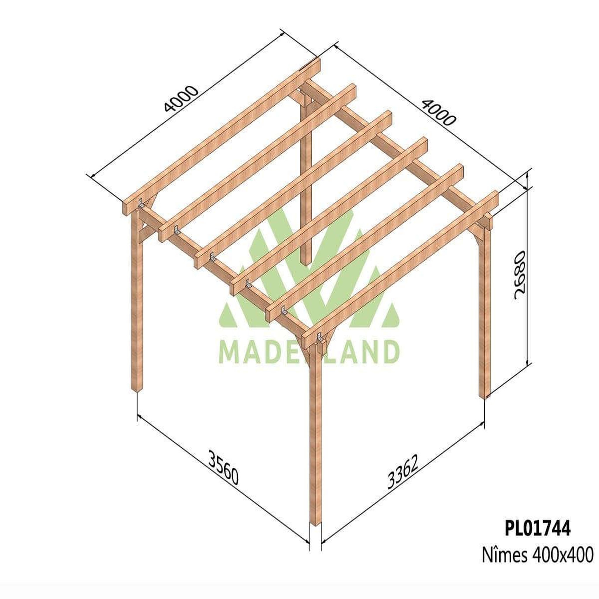 Voir la diapositive 2 : JARDIDECO Carport en bois lamellé-collé nîmes 400 x 400 cm - maderland