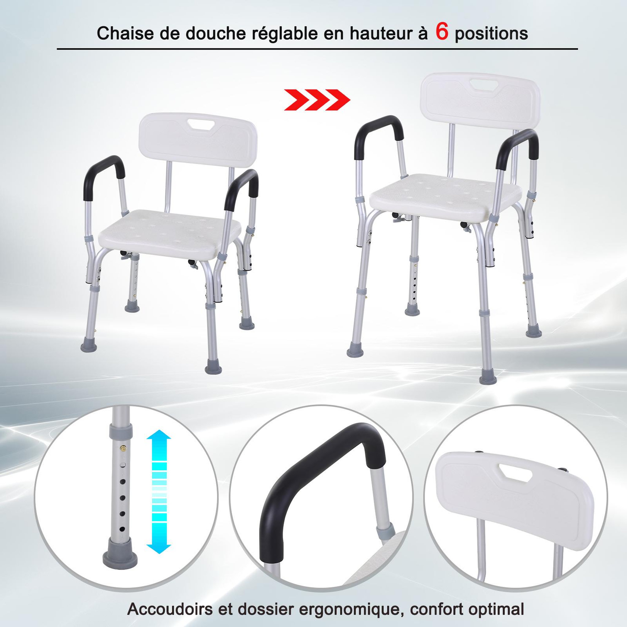 Voir la diapositive 5 : HOMCOM Chaise de douche siège de douche ergonomique hauteur réglable pieds antidérapants charge max. 135 kg alu hdpe blanc
