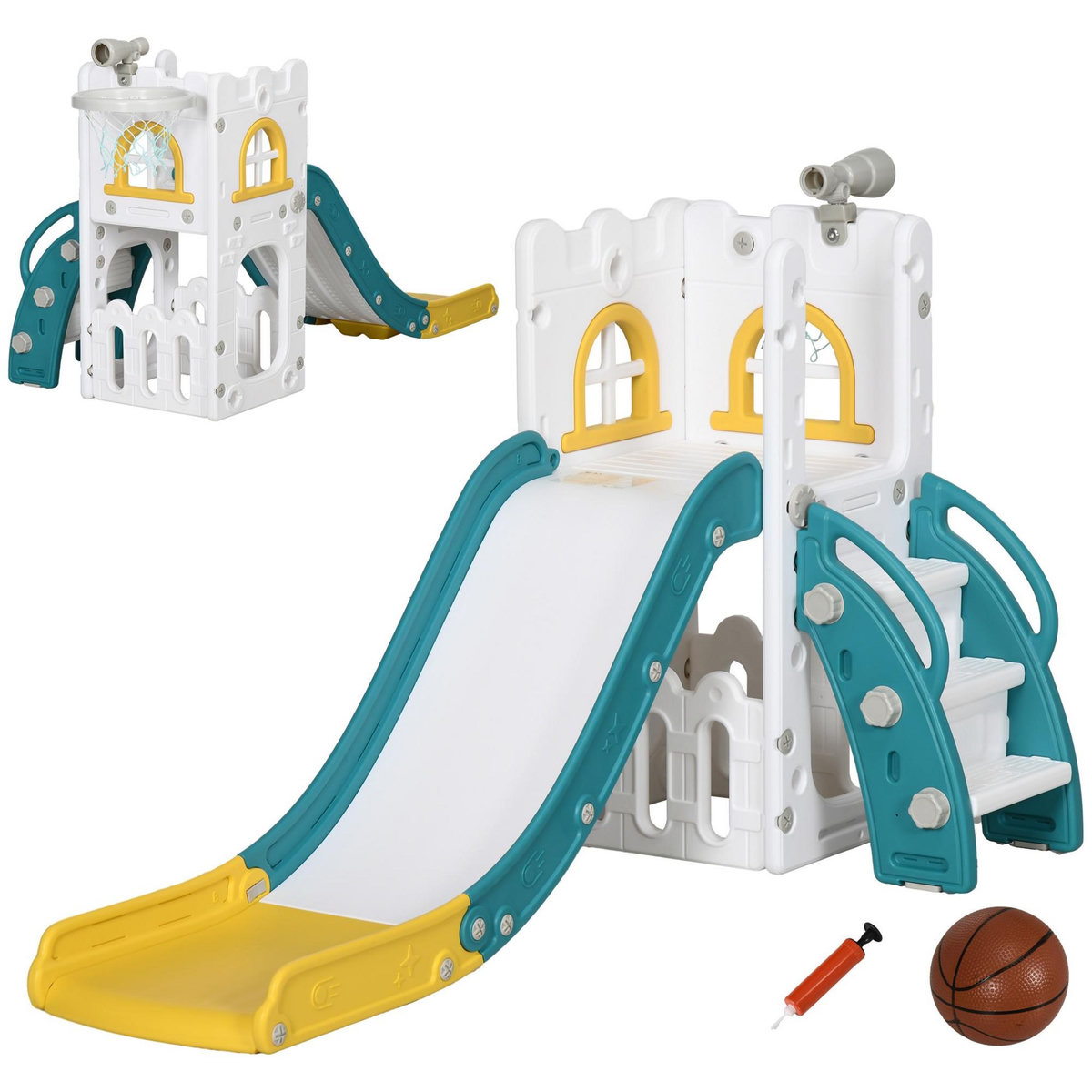 HOMCOM Toboggan pour enfant multifonction - télescope, panier basketball, espace rangement - HDPE blanc vert turquoise