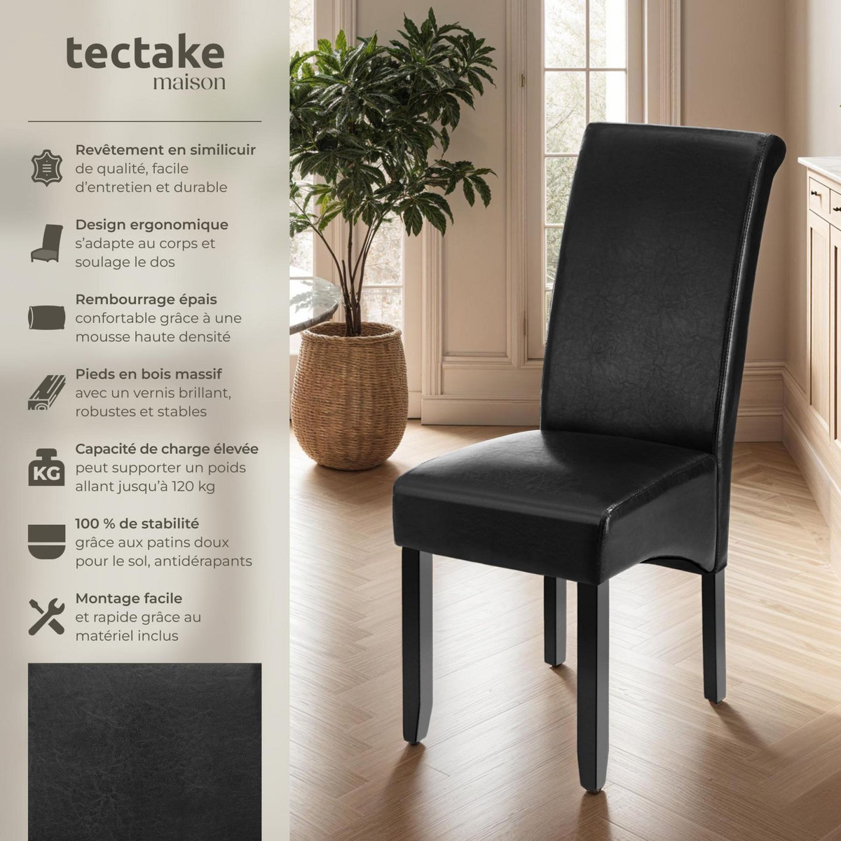 tectake Chaise de salle à manger avec revêtement en cuir synthétique noir Lot de 6