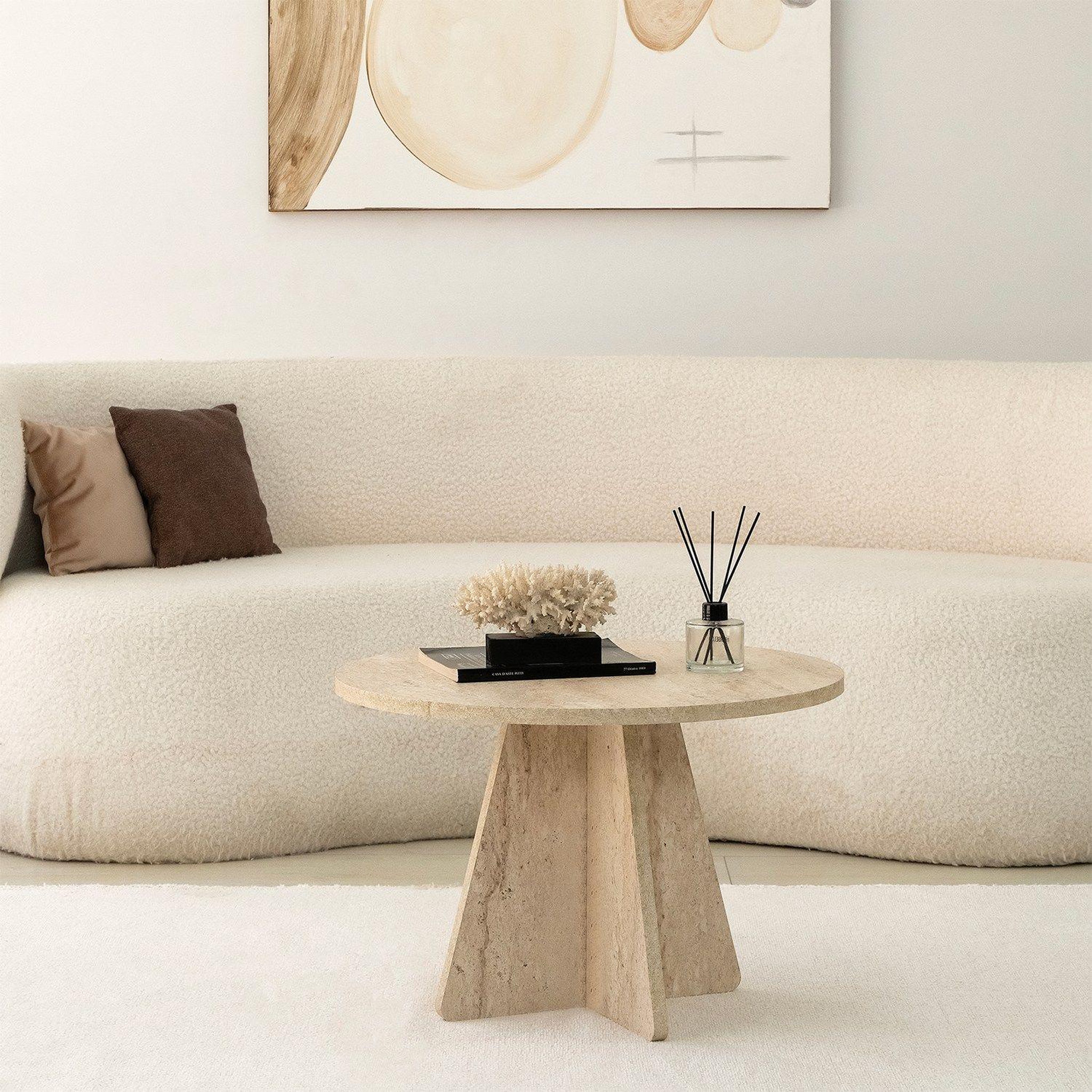 Voir la diapositive 2 : TOILINUX Table basse ronde effet travertin valence - beige