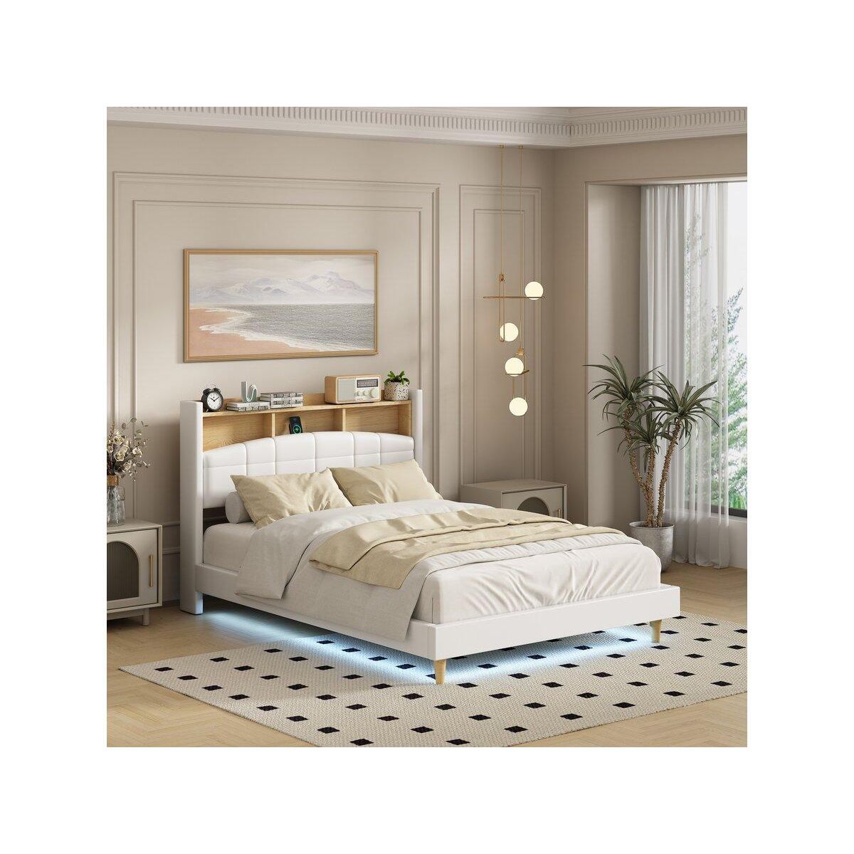 Habitat et Jardin Lit double led avec rangement tête de lit  Sarah  - 140 x 190 cm - Blanc