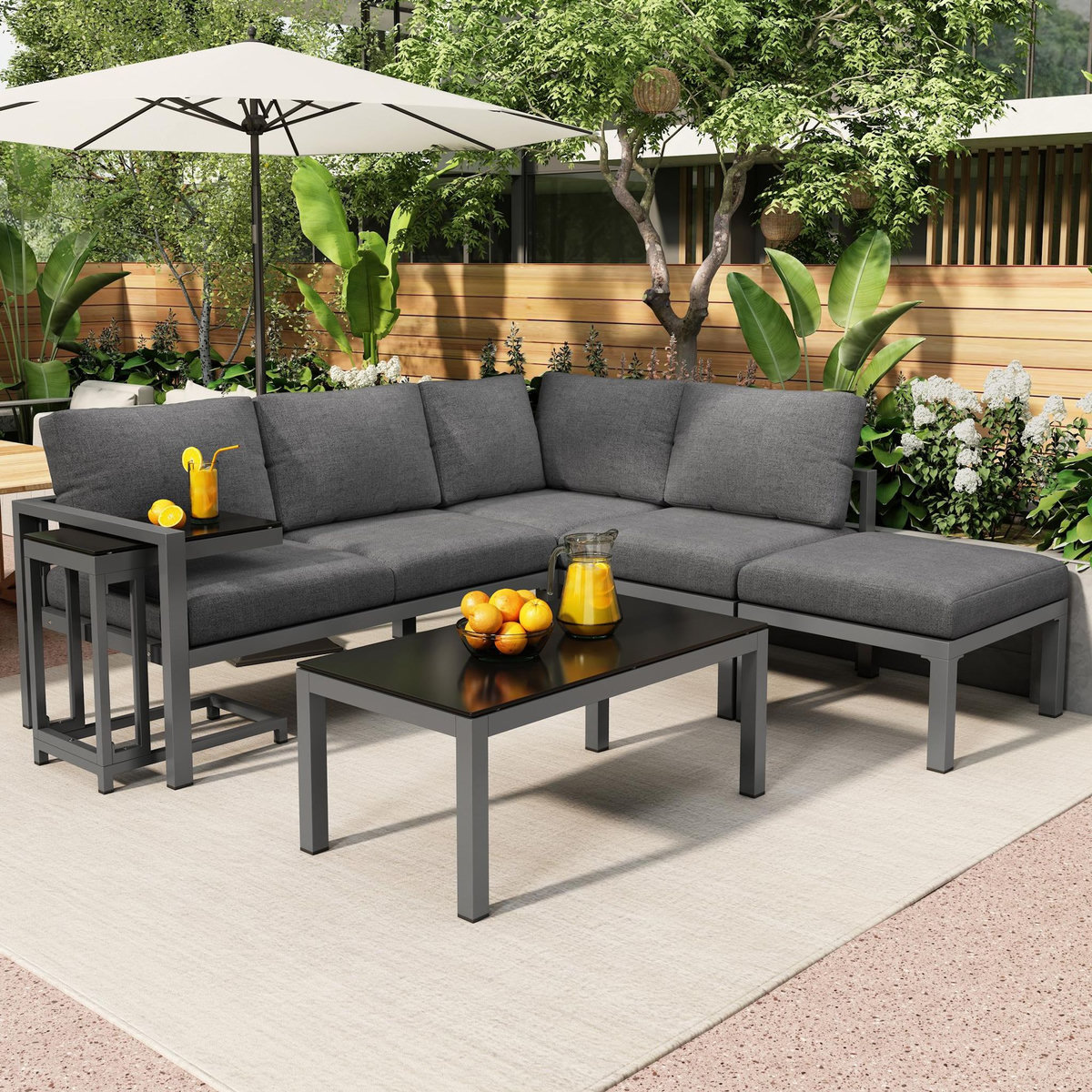 MERAX Salon de jardin angle 5 places en fer avec 2 tables basses, coussins, gris